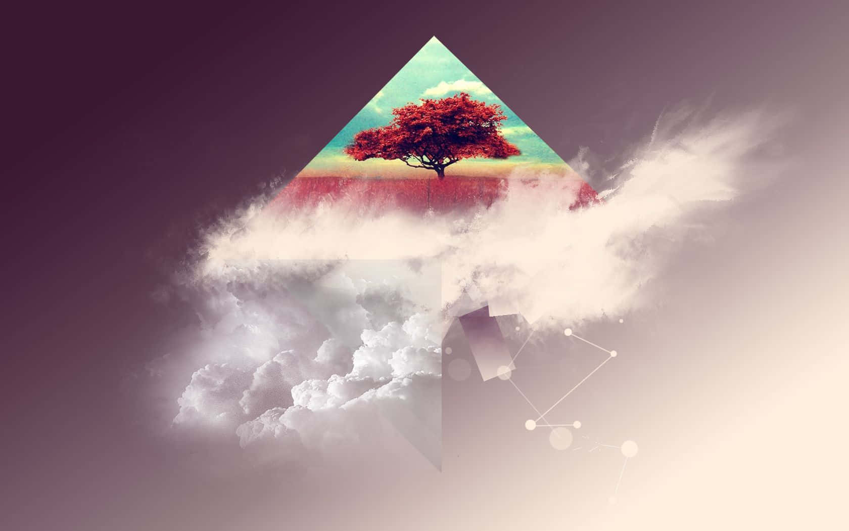 Minimal Art 桌布 壁紙 — 一棵孤獨的紅樹矗立在三角形山峰頂上，從紫色天空下翻滾的雲層中升起。