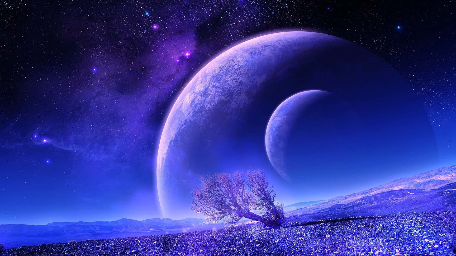 Aesthetic Night Sky 桌布 壁紙 — 一棵孤獨的紫色樹木矗立在閃閃發光的外星平原上，下方是兩顆巨大的發光月亮，背景是繁星點點的宇宙天空。