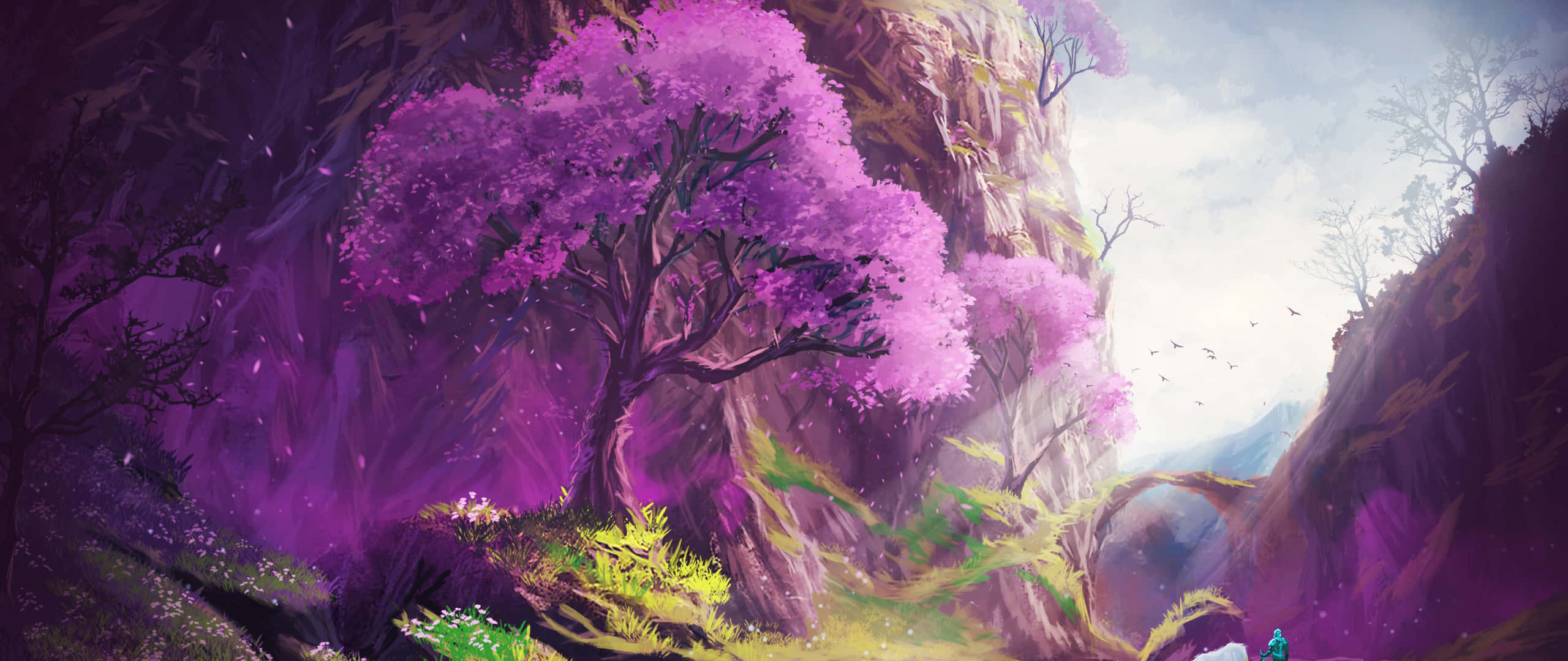 Tree 桌布 壁紙 — 一棵孤獨的紫色花樹矗立在神秘的峽谷中，周圍有發光的綠色灌木和遠山，天空柔和。
