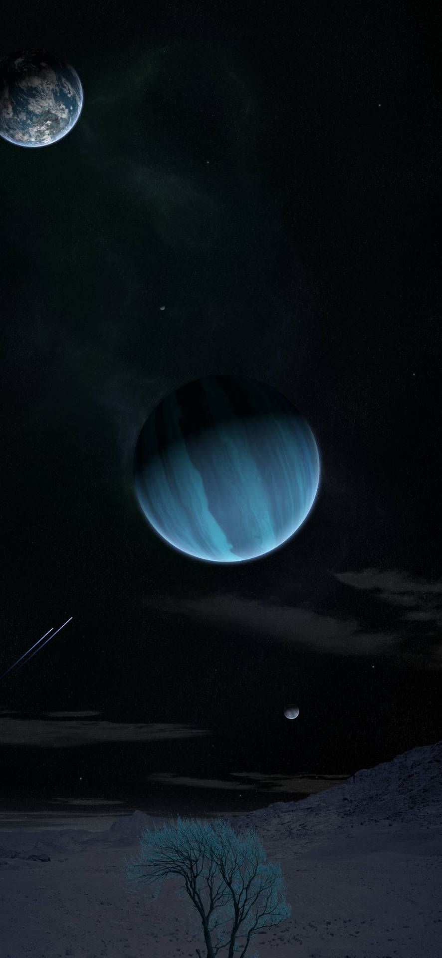 一顆外星行星上的孤獨樹木，在宇宙夜空下，有地球和一顆藍色氣體巨星。 — Note 10 Plus 壁紙