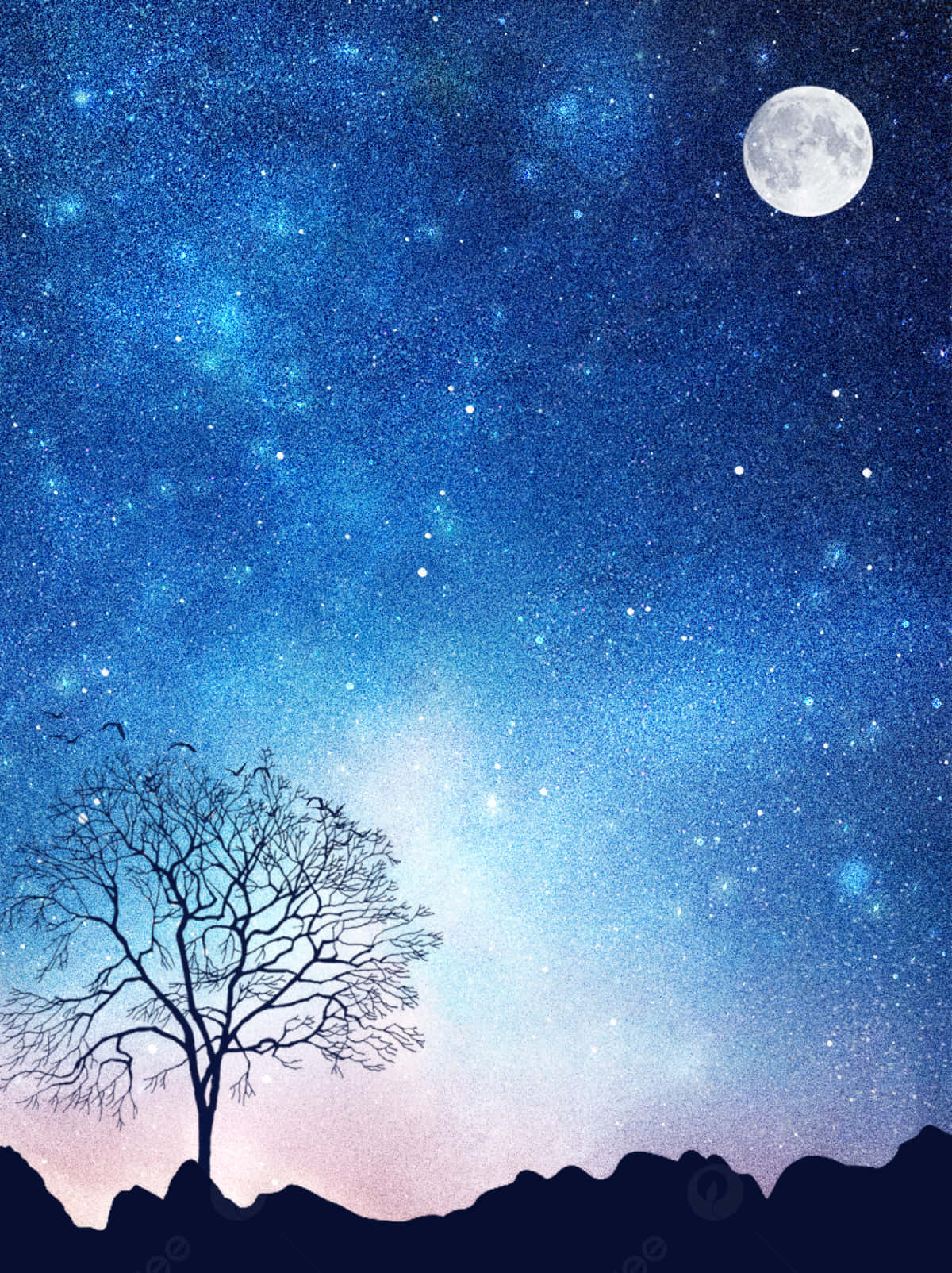 Aesthetic Night Sky 桌布 壁紙 — 一棵孤獨的裸樹在充滿活力的星空夜空襯托下形成剪影，伴隨著滿月和發光的宇宙雲。
