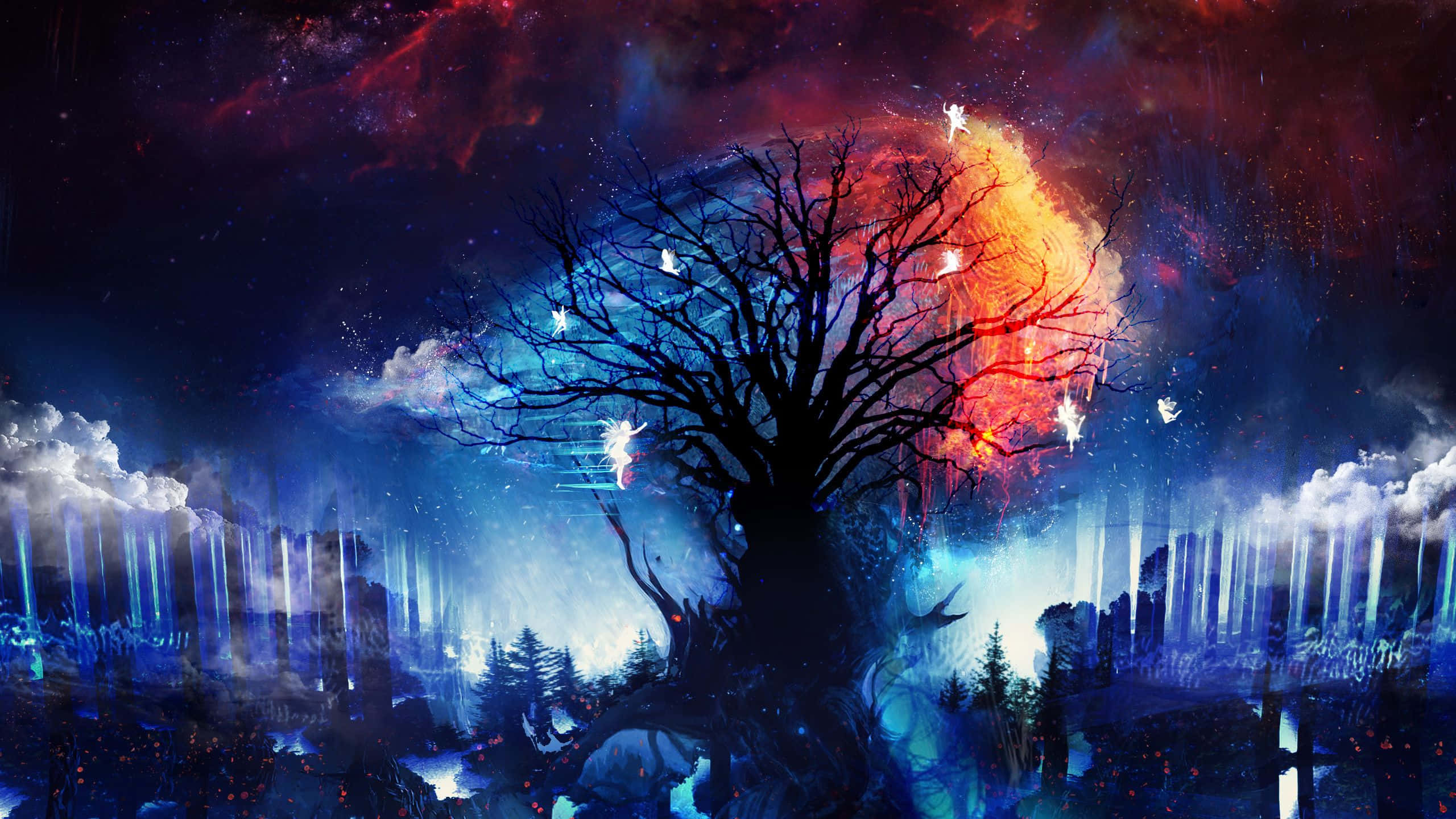 Tree Of Life 桌布 壁紙 — 一棵孤獨的裸樹矗立在宇宙天空下，周圍有熾熱的星雲和發光的仙女在樹枝間飛舞。