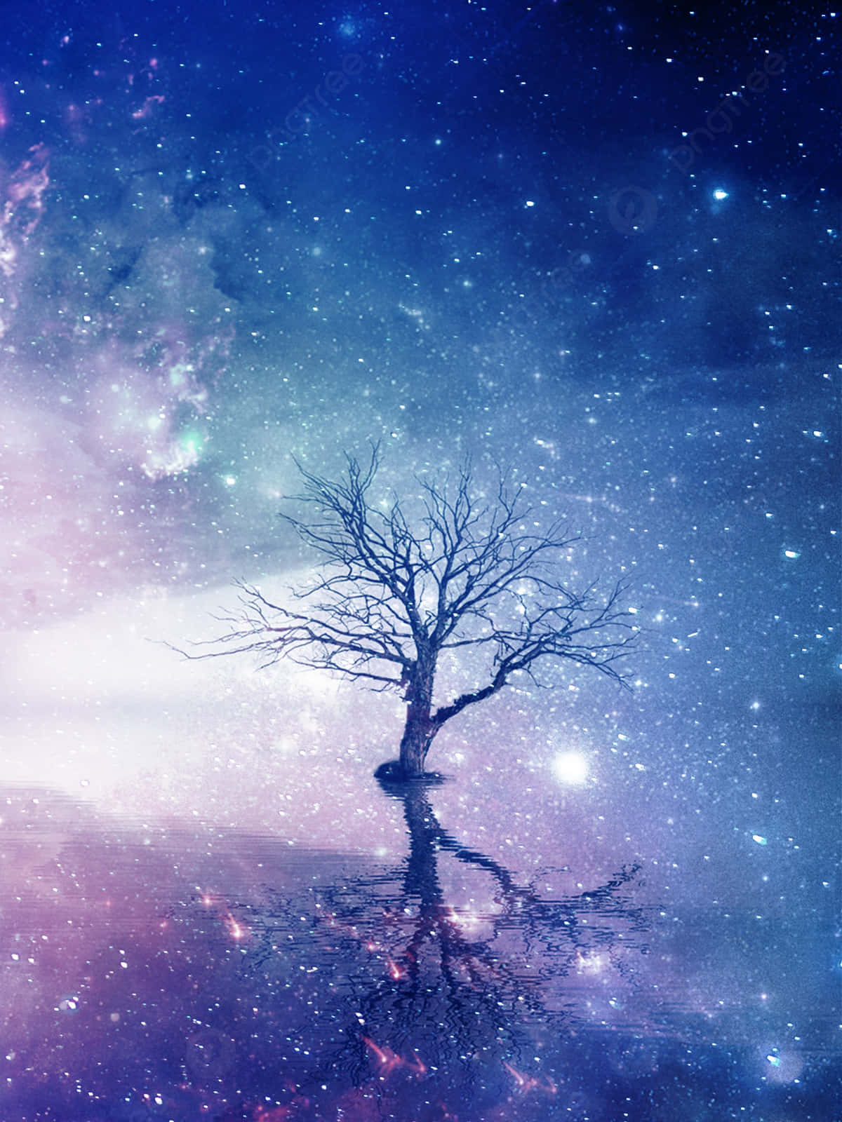 手機 桌布 壁紙 — 一棵孤獨的裸樹矗立在宇宙水域中，倒映著深藍色和紫色的星空星雲天空。