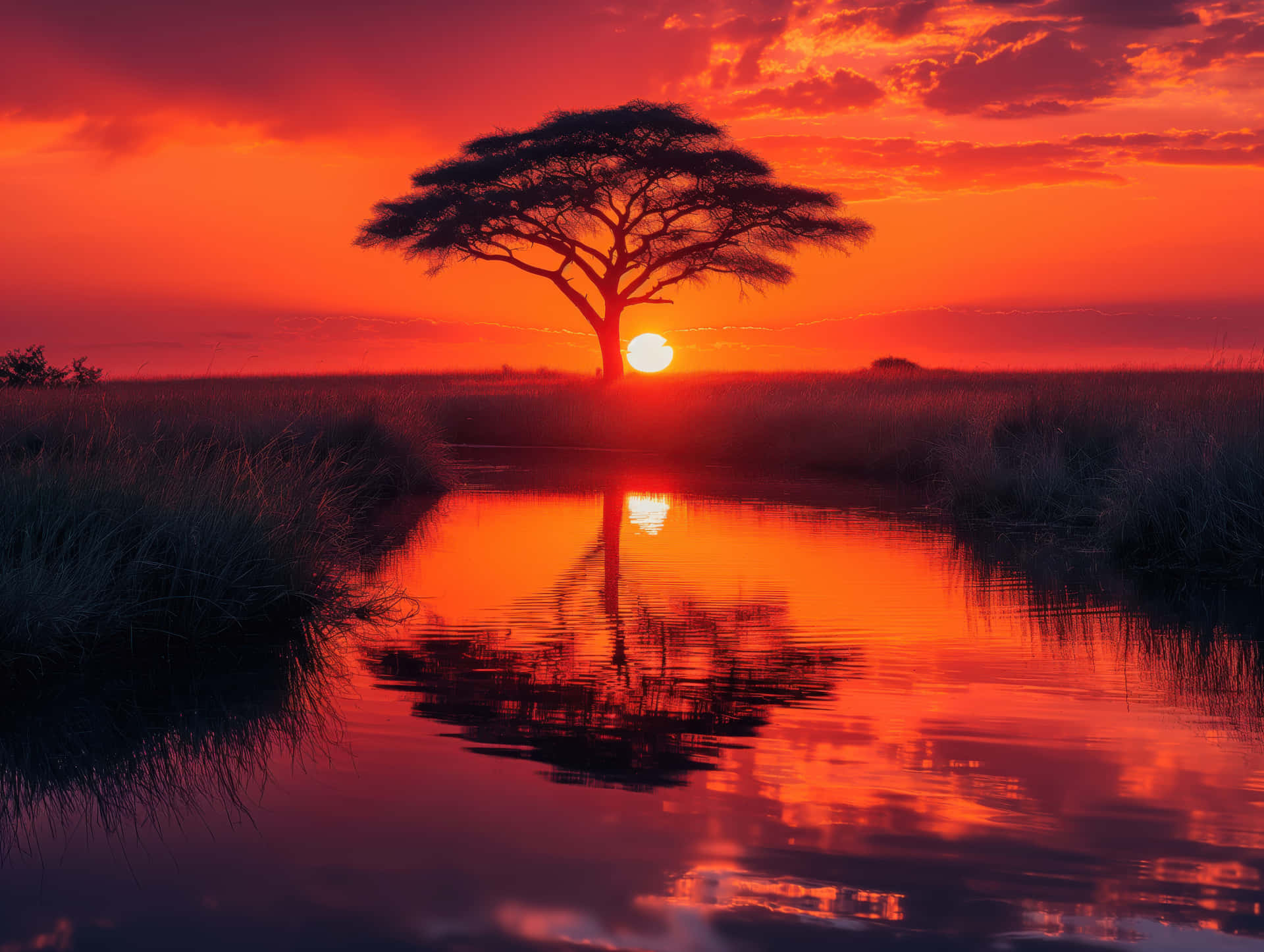 Serene African Sunset Reflection 壁紙 — 一棵孤獨的金合歡樹在火紅橙色夕陽的映襯下，完美地倒映在被高草環繞的平靜水道中。
