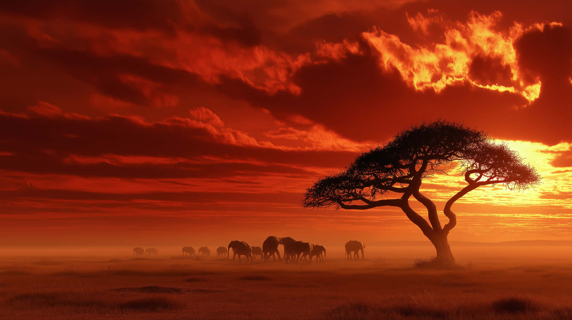 Breathtaking African Savannah Sunset with Elephant Family Silhouettes 壁紙 — 一棵孤獨的金合歡樹在火紅的夕陽下呈現剪影，一群大象正走過霧氣瀰漫的稀樹草原。