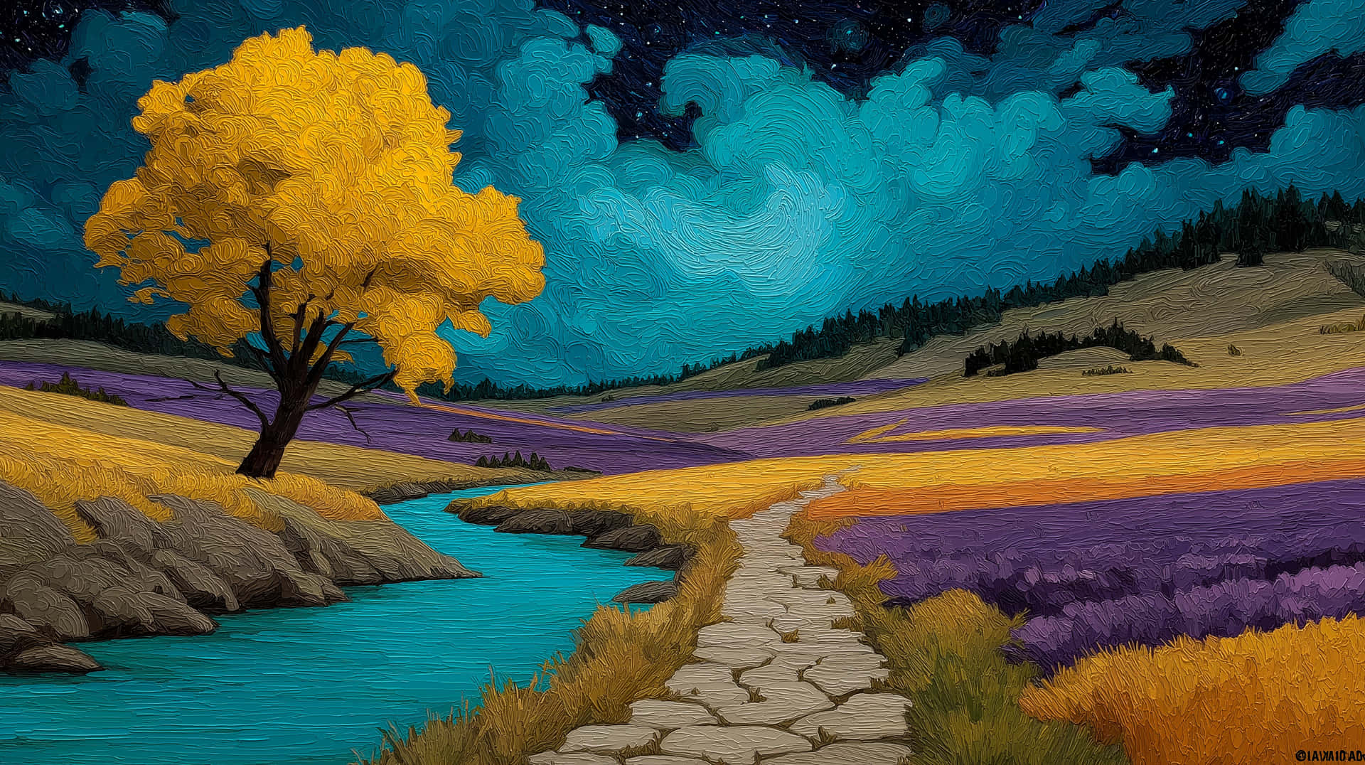 Whimsical Starry Night Landscape with Vivid Yellow Tree 壁紙 — 一棵孤獨的金色樹木矗立在藍綠色的河流旁，河流蜿蜒穿過紫色和黃色的田野，上方是繁星點點的藍綠色天空。