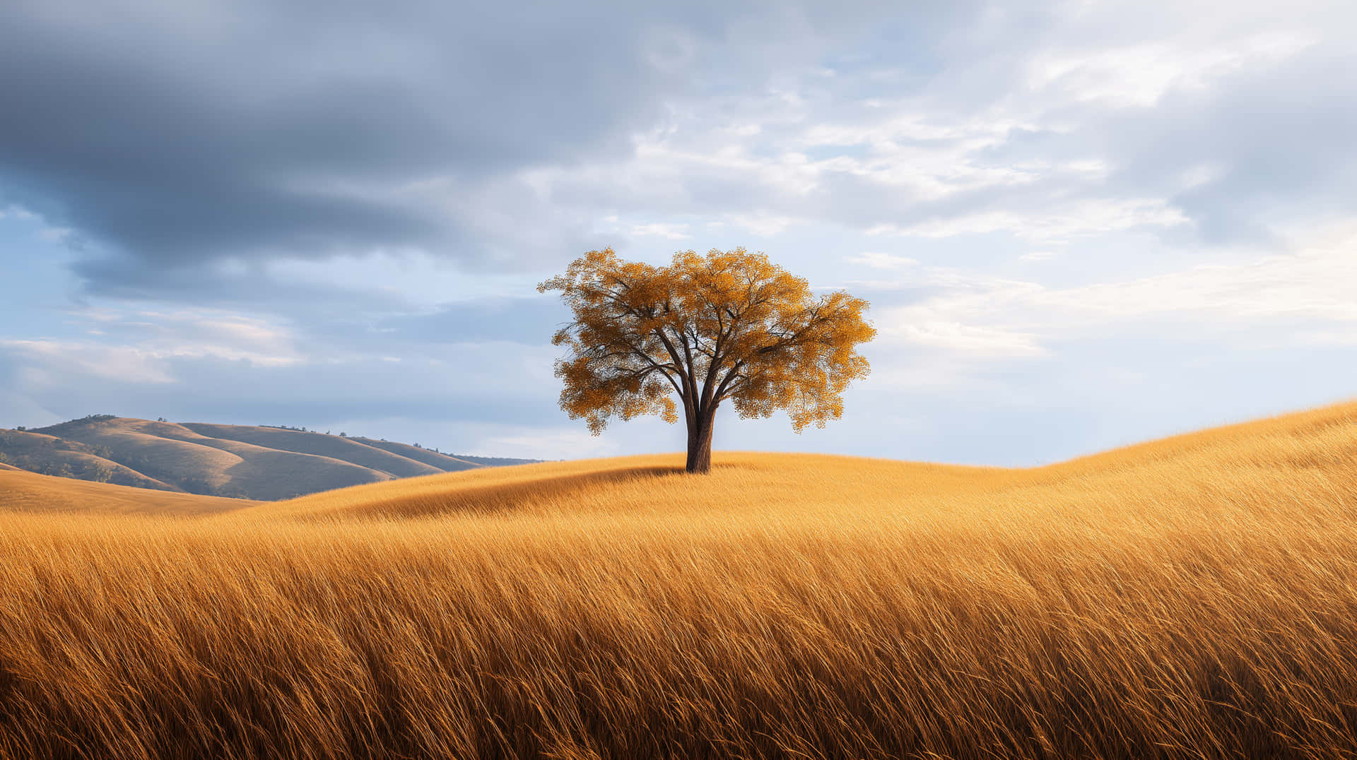 Solitary Tree on Golden Hill under Expansive Cloudy Sky 壁紙 — 一棵孤獨的金色樹木矗立在陽光照耀的山丘上，周圍是高大的金色草叢，天空多雲。
