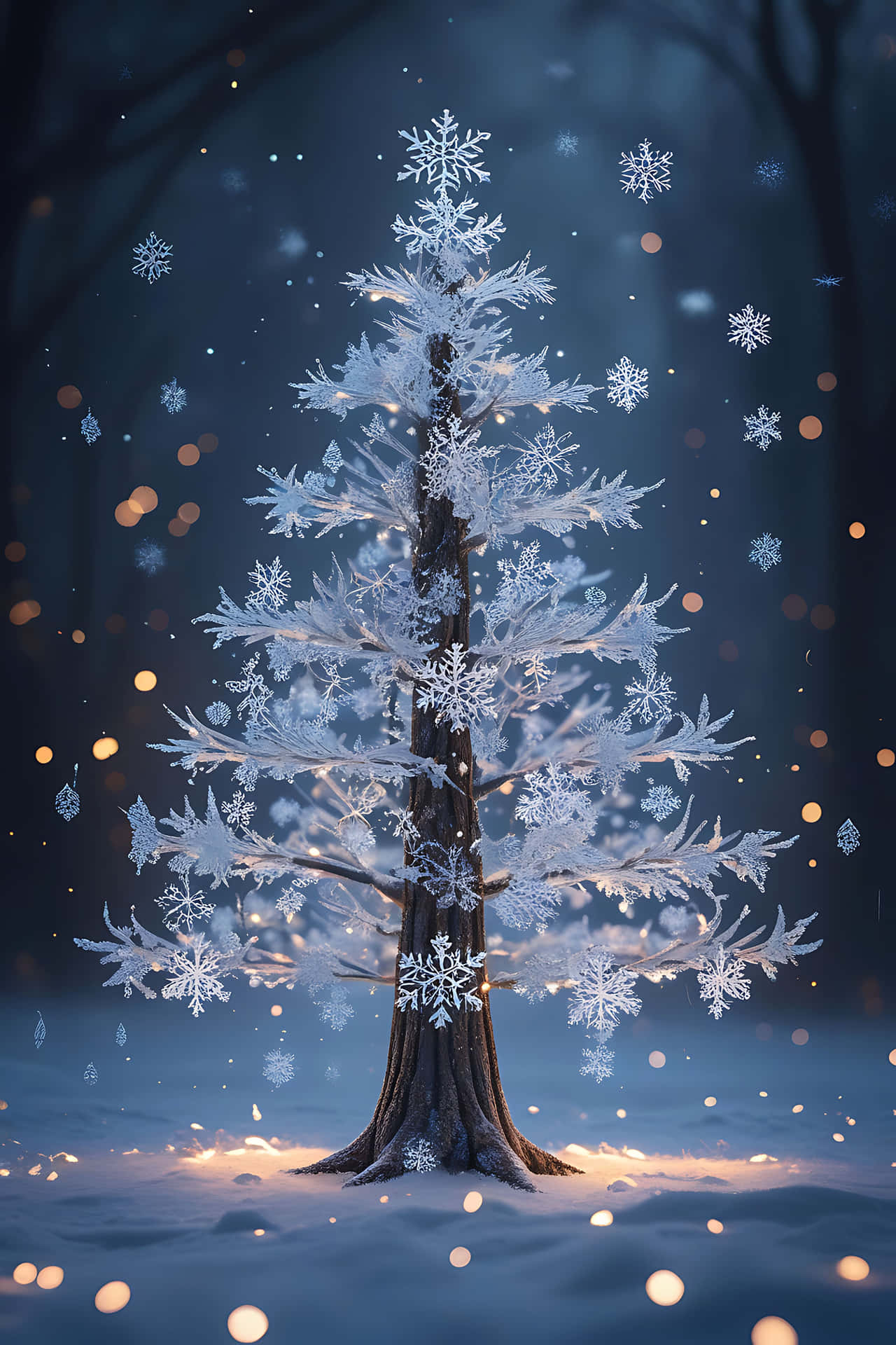 Enchanted winter tree in snowfall 壁紙 — 一棵孤獨的雪樹，點綴著發光的燈光和飄落的雪花，矗立在黃昏時分的魔法冬季森林中。