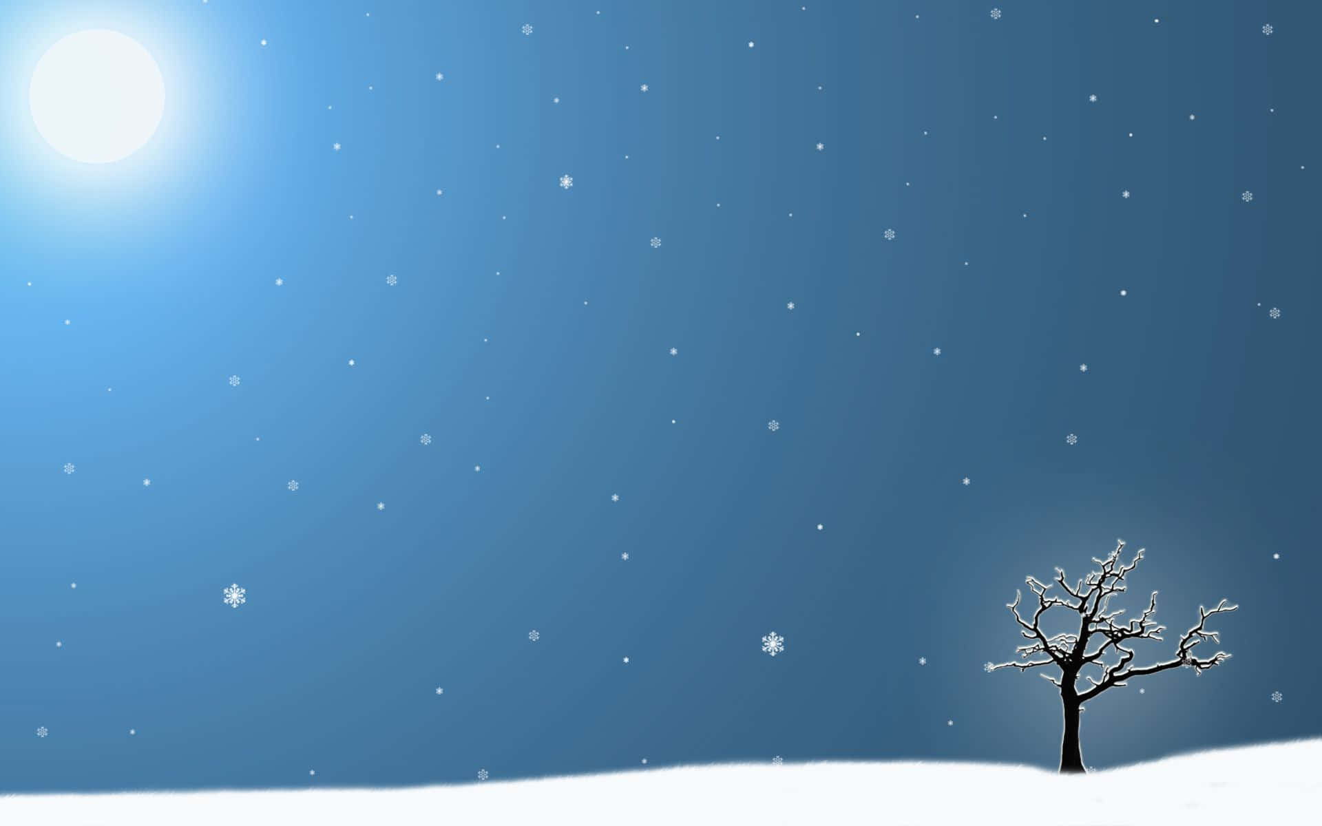 Winter Blues 桌布 壁紙 — 一棵孤獨的雪覆蓋的樹矗立在廣闊的雪地上，明亮的陽光下，雪花飄落，映襯著漸變的藍色天空。