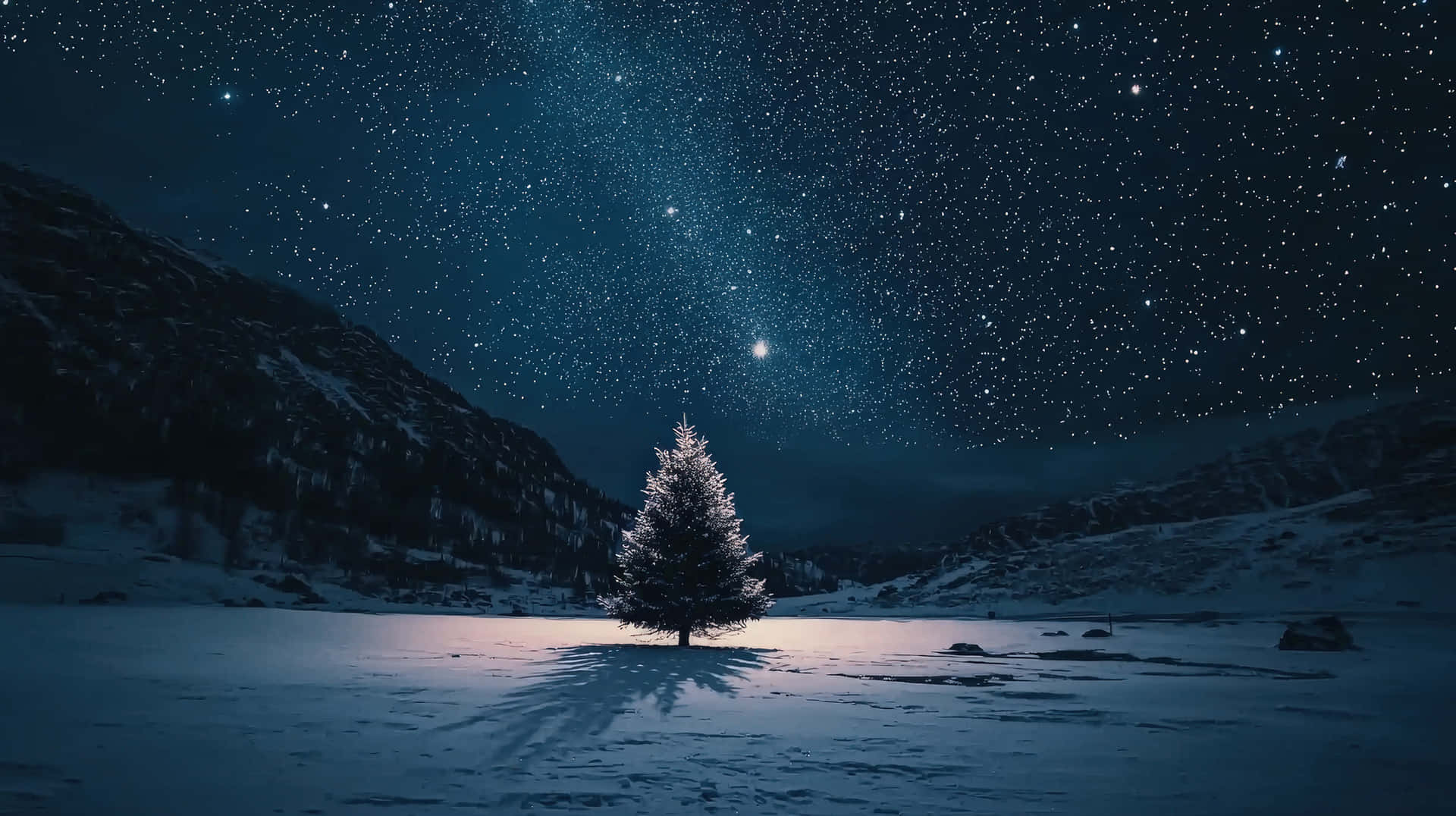 Solitary pine tree illuminated under a starry night sky in a snowy landscape. 壁紙 — 一棵孤獨的雪覆蓋的樹立在冰凍的湖中央，星空下兩側有山脈。