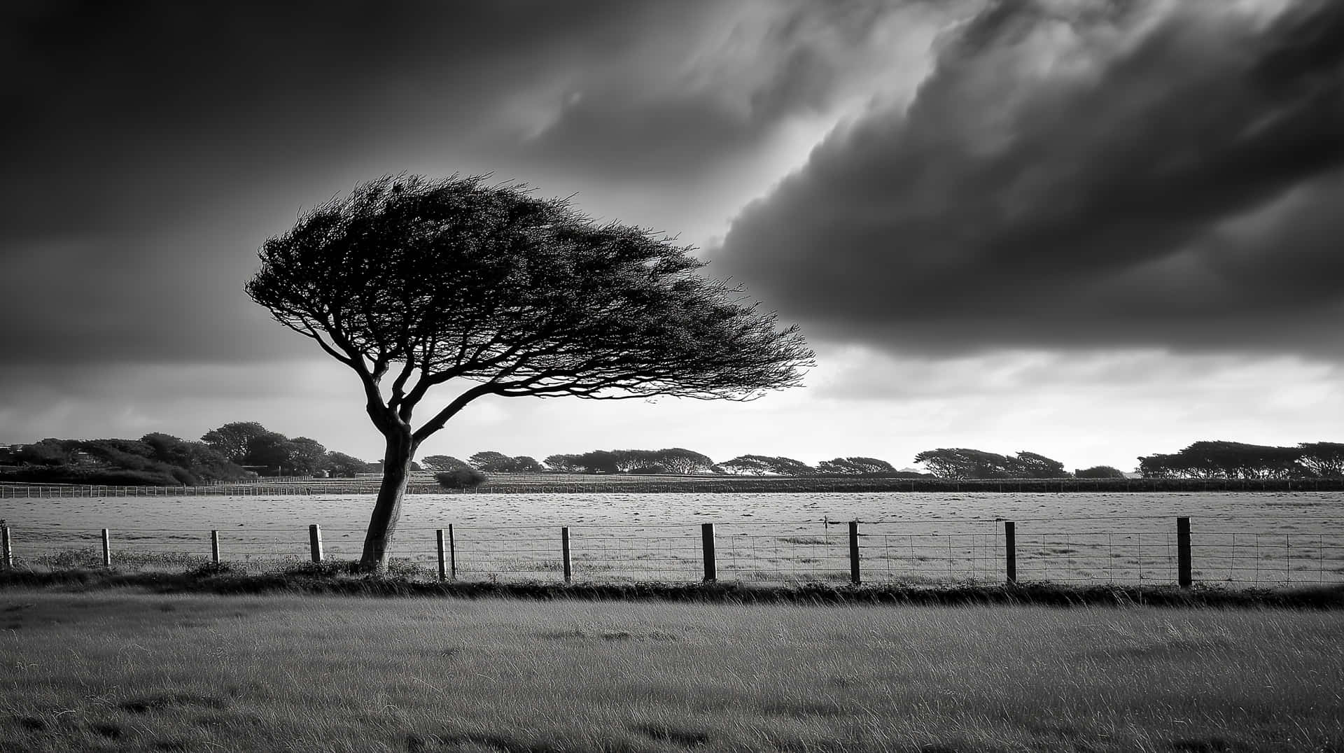 Stormy Sky Over Windswept Tree in a Rural Landscape Scene 壁紙 — 一棵孤獨的風吹樹在圍欄牧場上，傲然挺立在戲劇性的單色天空下。