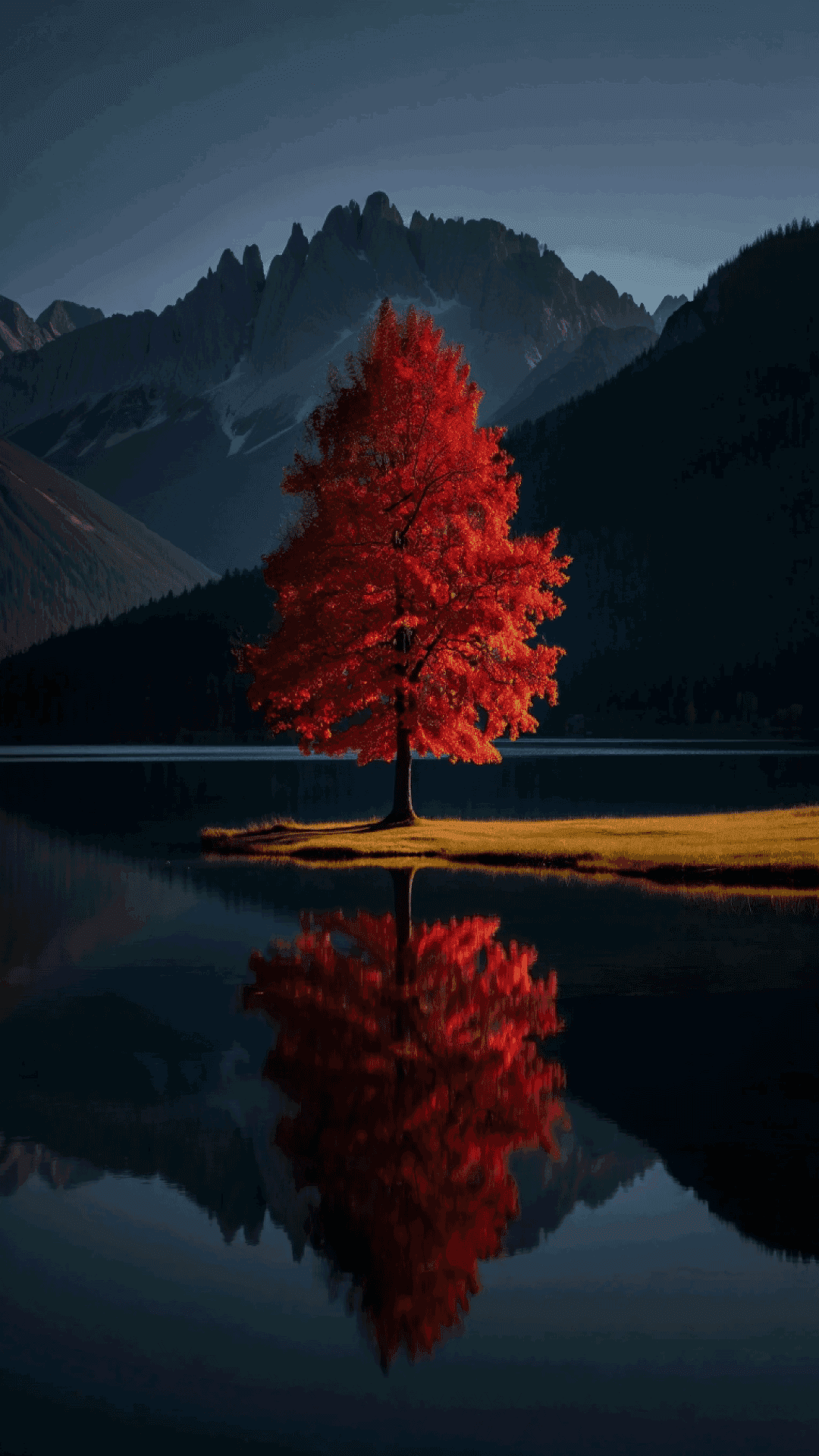 山景 桌布 壁紙 — 一棵孤獨的鮮紅色樹木矗立在平靜湖泊中的一個小島上，其倒影完美地映照在暮色天空下高聳的黑暗山脈之下。