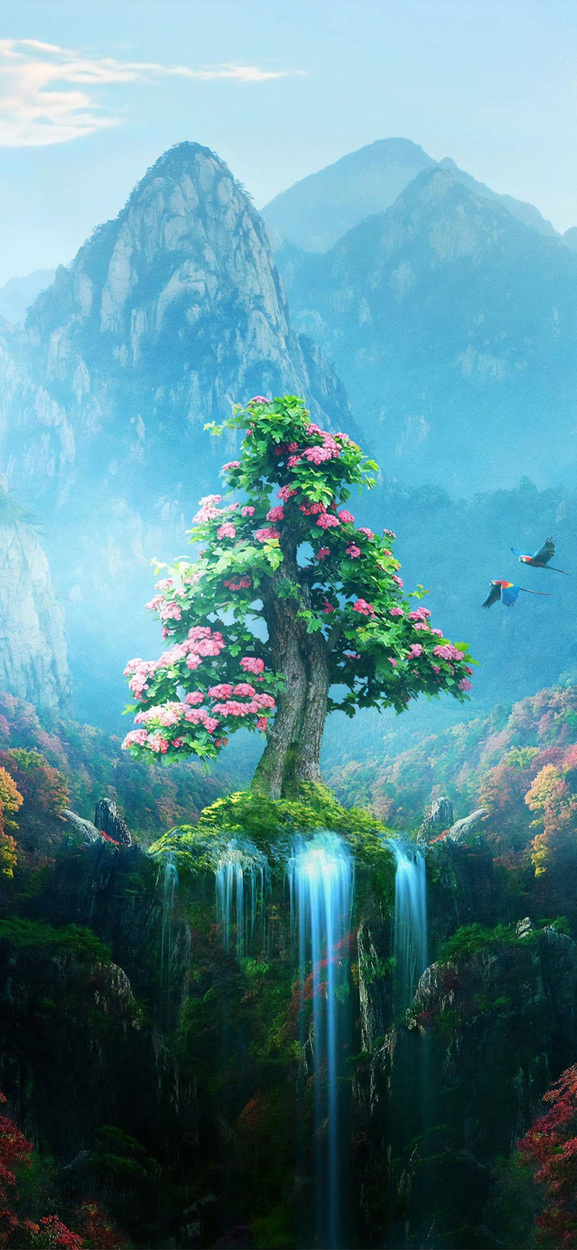 Pixel Nature 桌布 壁紙 — 一棵孤獨開花的樹，帶有粉紅色花朵，矗立在懸崖頂上，背景有層疊瀑布和霧氣繚繞的山脈。