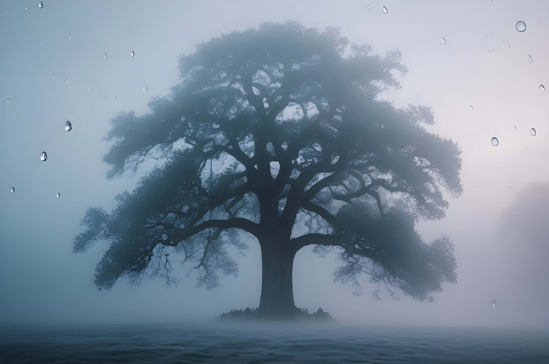 Winter morning with tree 壁紙 — 一棵孤獨雄偉的樹在平靜的水面上霧氣籠罩的島嶼上形成剪影，透過沾滿雨點的玻璃觀看。