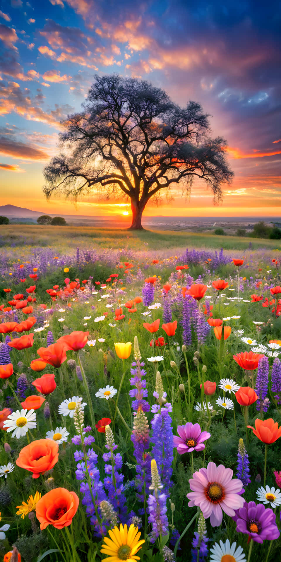 sunset in the field 壁紙 — 一棵孤獨雄偉的樹木矗立在色彩繽紛的野花田中，夕陽西下，上方有火紅的橙色和紫色雲彩。