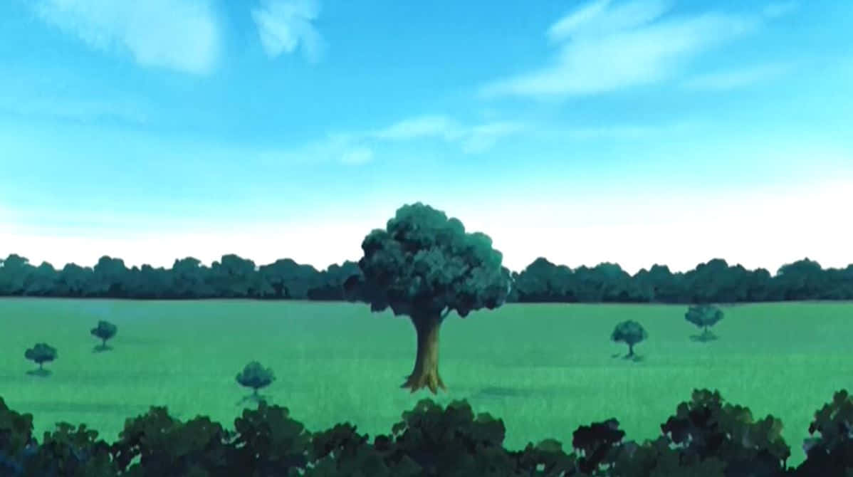 Greed Island 桌布 壁紙 — 一棵孤獨雄偉的樹矗立在廣闊的綠色田野上，天空湛藍明亮，白雲點點。