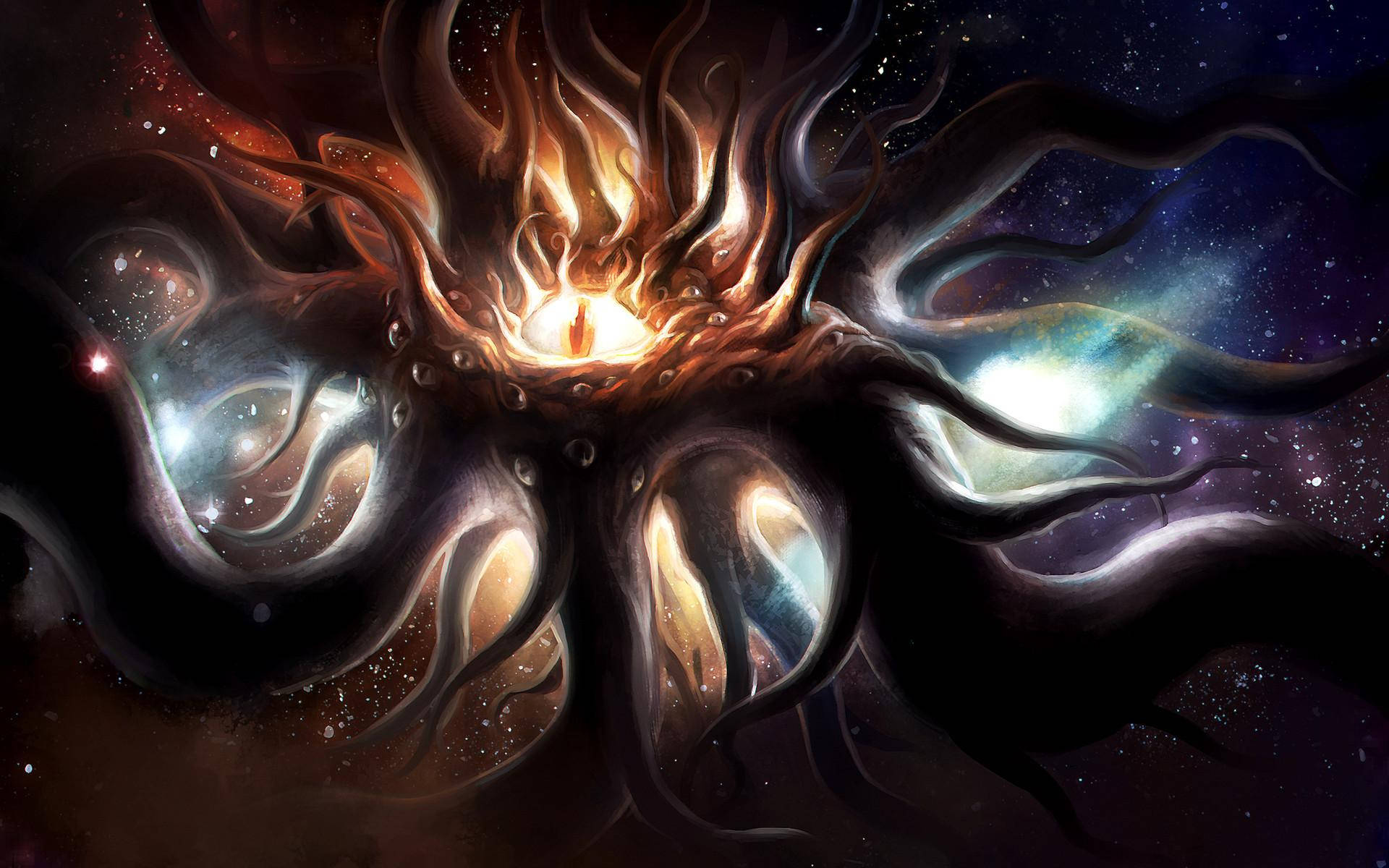 洛夫克拉夫特 桌布 壁紙 — 一棵宇宙樹，帶有發光的根和枝條，穿過繁星點點的星雲，在深邃的太空中散發出熾熱的光芒。