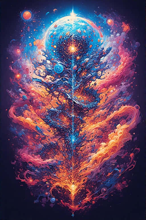 Vibrant Inspiring Digital Art Idea Sparking 8K 壁紙 — 一棵宇宙樹，帶有發光的藍色和橙色樹枝，從一個發光的球體中噴發出來，背景是黑暗的星空。
