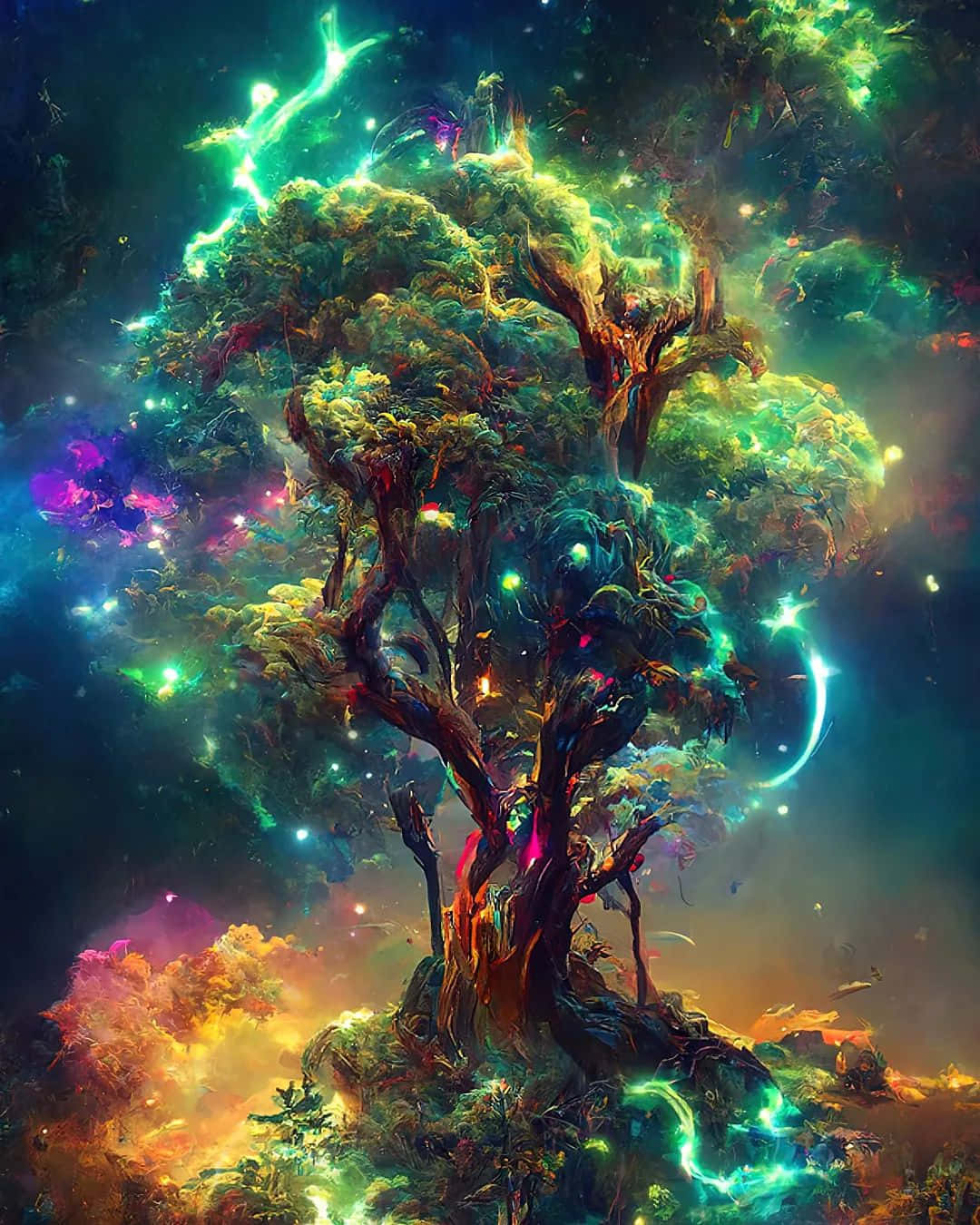 樹木 桌布 壁紙 — 一棵宏偉的宇宙樹，帶有發光的綠色和紫色能量根和枝條，背景是星雲滿佈的星空。