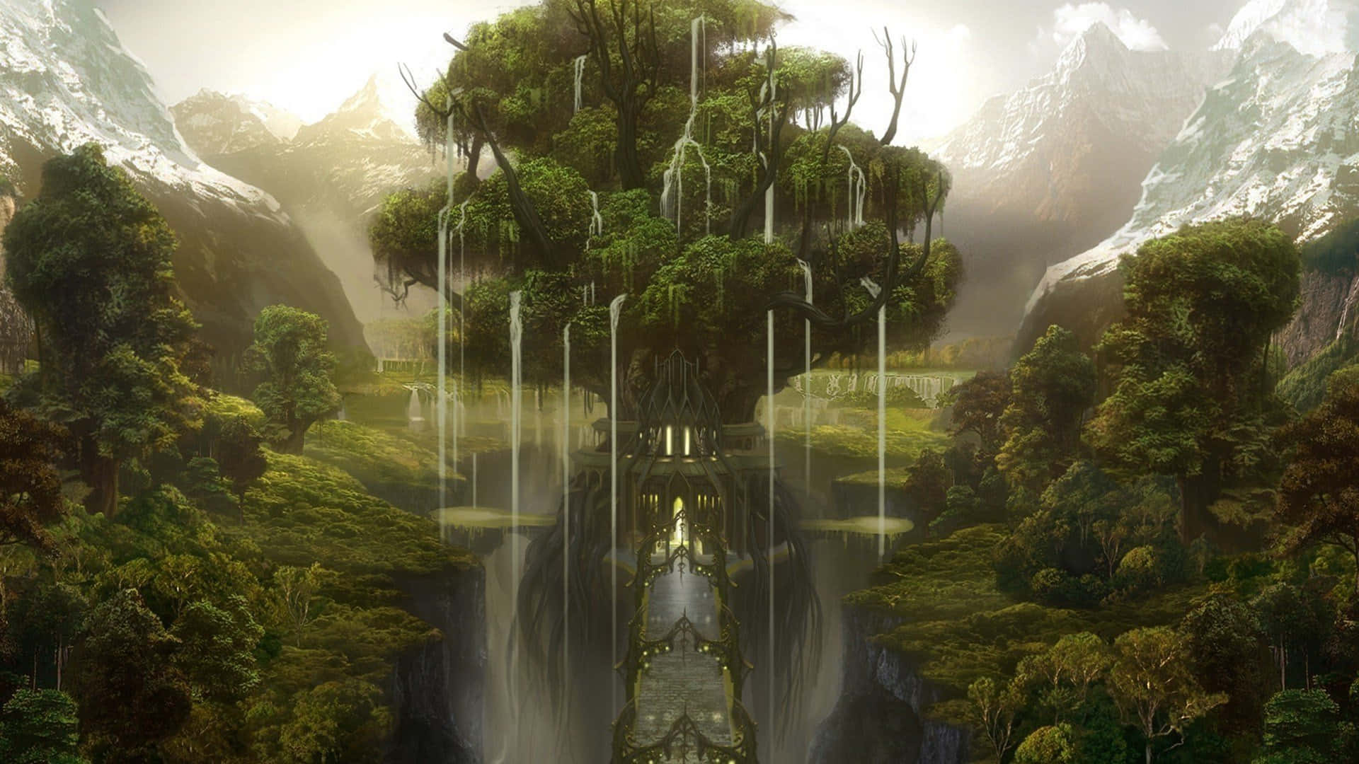 Tree Of Life 桌布 壁紙 — 一棵宏偉的漂浮樹，瀑布傾瀉而下，完美地倒映在被雪山環繞的寧靜湖泊中。