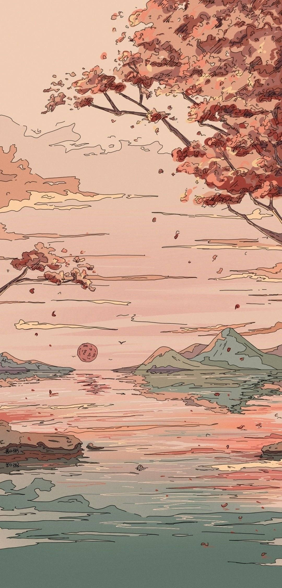 HD Design 桌布 壁紙 — 一棵寧靜的粉紅櫻花樹俯瞰著平靜的湖泊，湖面倒映著遠山，天空柔和粉彩。