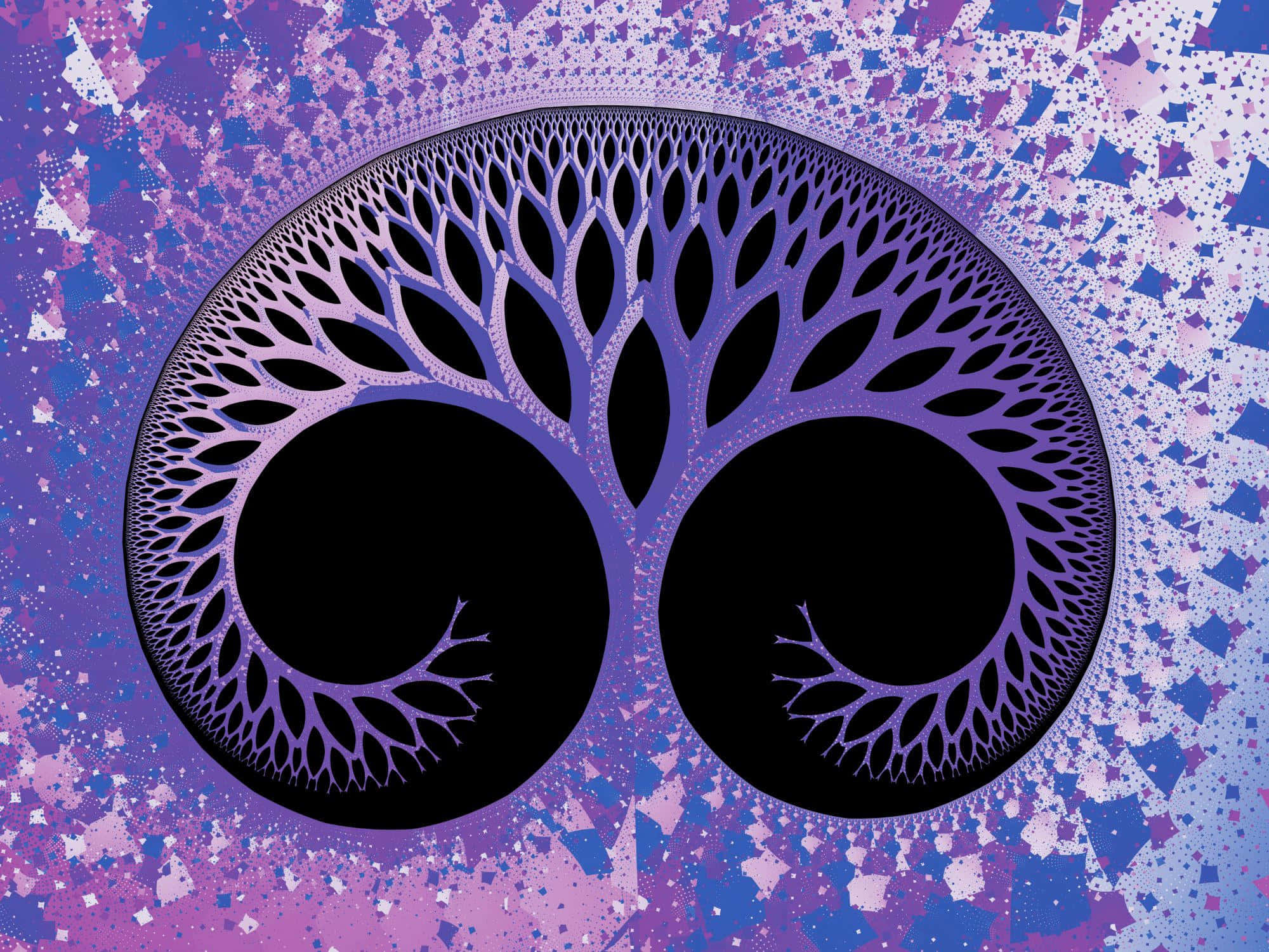 Tree Of Life 桌布 壁紙 — 一棵對稱的紫色分支碎形樹從兩個黑色圓圈中長出，背景為斑點紫色和藍色。