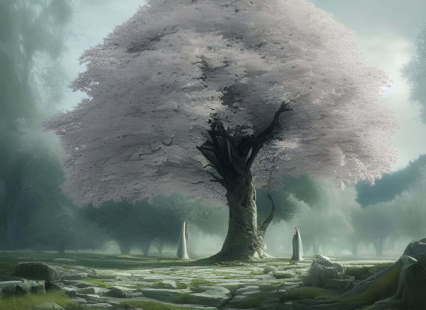 Tree Of Life 桌布 壁紙 — 一棵巨大的古樹，樹幹扭曲，開著淡白色的花，矗立在霧氣瀰漫的林間空地中，周圍有石頭廢墟和兩個戴兜帽的身影。