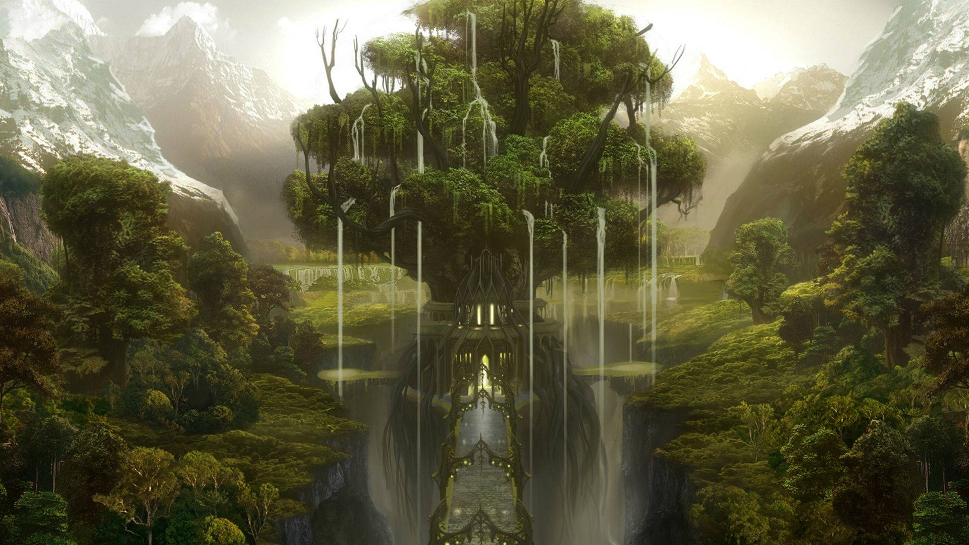 奇幻 桌布 壁紙 — 一棵巨大的古樹，瀑布從樹上傾瀉而下，生長在霧氣瀰漫的山谷中，四周環繞著積雪的山峰。