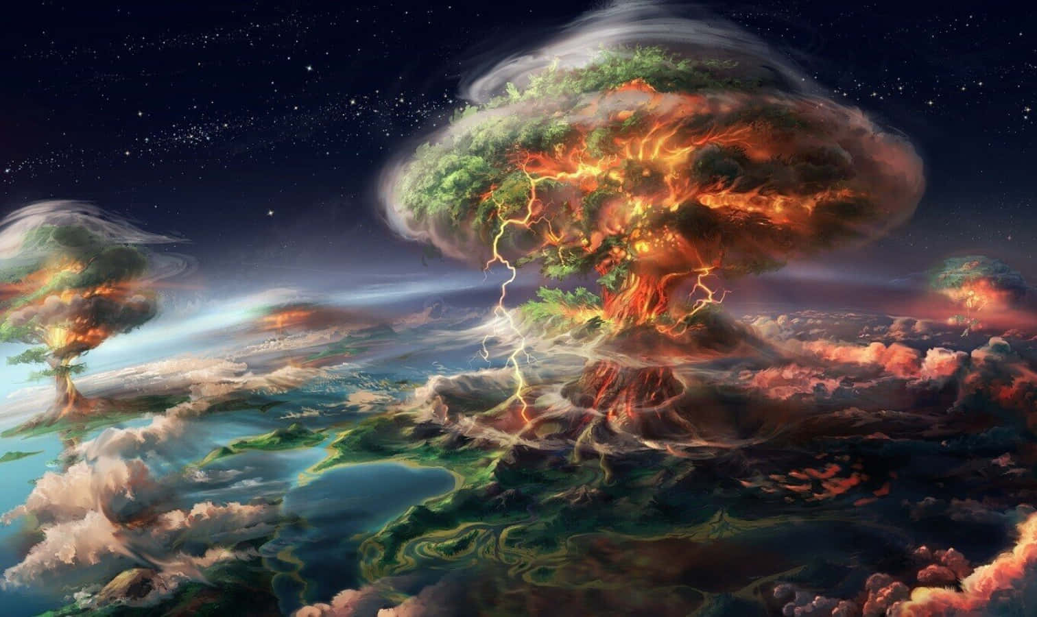 Terraforming 桌布 壁紙 — 一棵巨大的樹從雲層中噴發，熾熱的閃電在其發光的根部噼啪作響，背景是星光燦爛的宇宙天空。