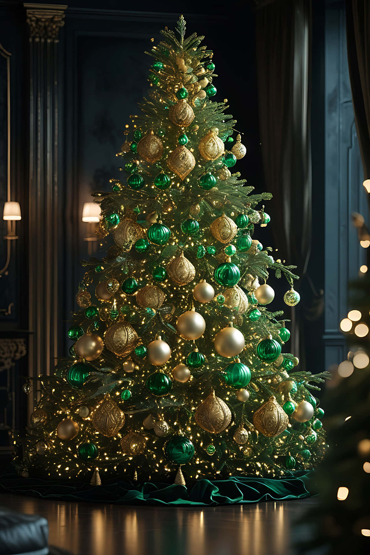 Elegant christmas tree with green and gold ornaments 壁紙 — 一棵巨大的聖誕樹，裝飾著金色和祖母綠色的飾品和閃爍的燈光，矗立在優雅的深藍色房間中。