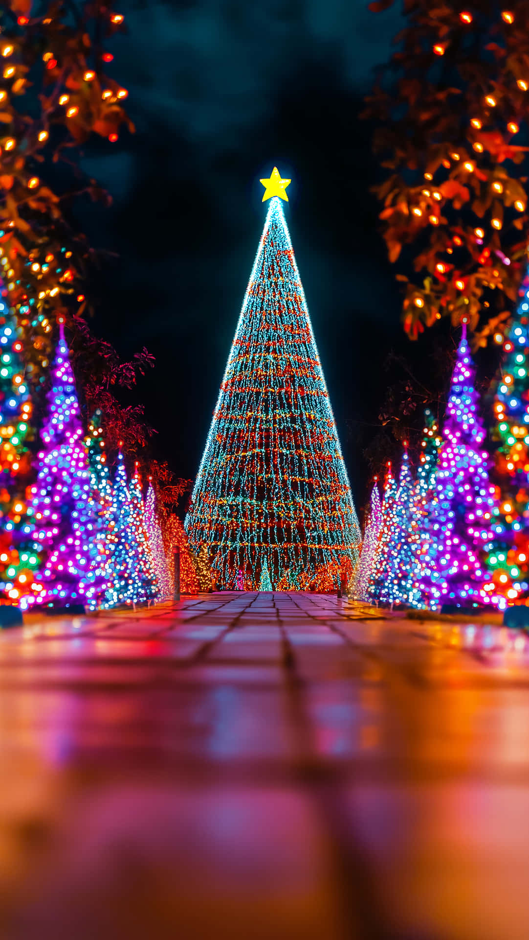 Christmas Wallpapers 壁紙 — 一棵巨大的聖誕樹，頂端有一顆金色星星，在黑暗的天空下，矗立在閃爍著光芒的步道盡頭，兩旁是色彩繽紛的燈飾樹木。