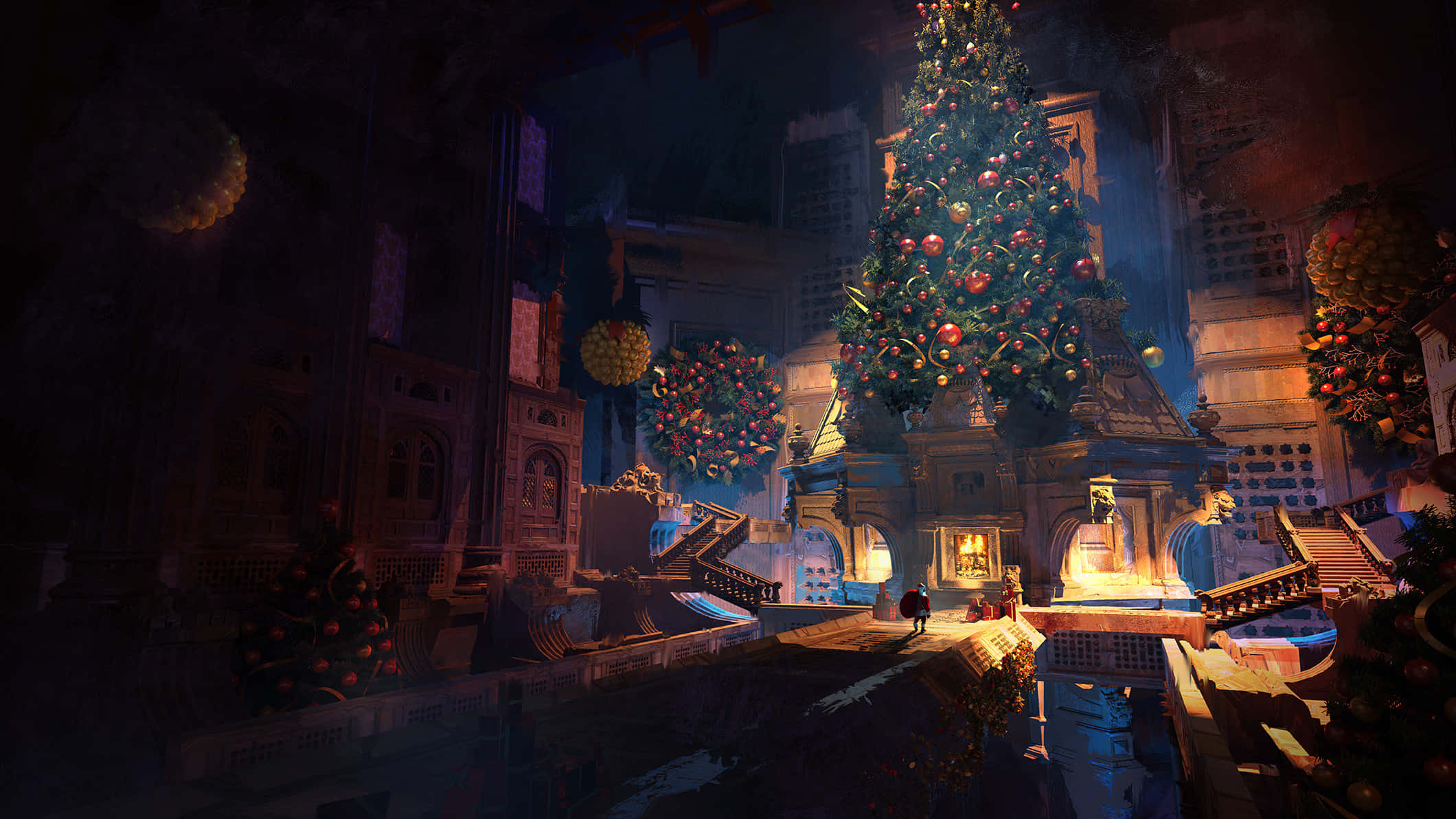Christmas At Hogwarts 桌布 壁紙 — 一棵巨大的聖誕樹在黑暗、華麗的市集廣場上高高聳立，裝飾著節日燈飾和裝飾品。