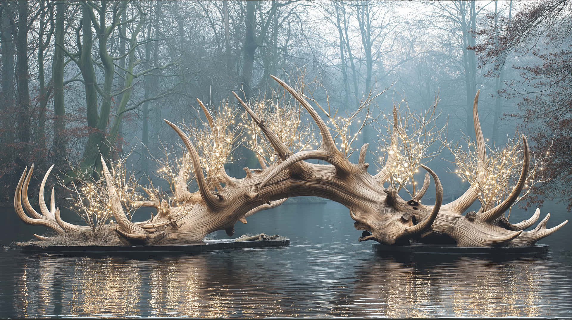 Arched Driftwood Sculpture with Glowing Lights in Misty Pond 壁紙 — 一棵巨大的鹿角樹在平靜的水面上拱起，周圍是霧氣瀰漫的森林，光禿禿的樹枝上閃爍著金色的光芒。