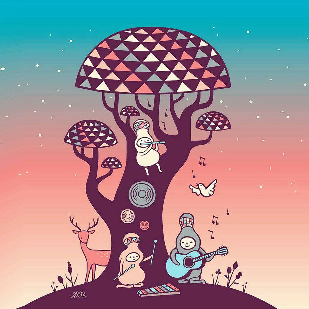 可愛 桌布 壁紙 — 一棵帶有幾何樹冠的奇幻插畫樹，在粉彩暮色天空下容納了音樂生物和一隻鹿。