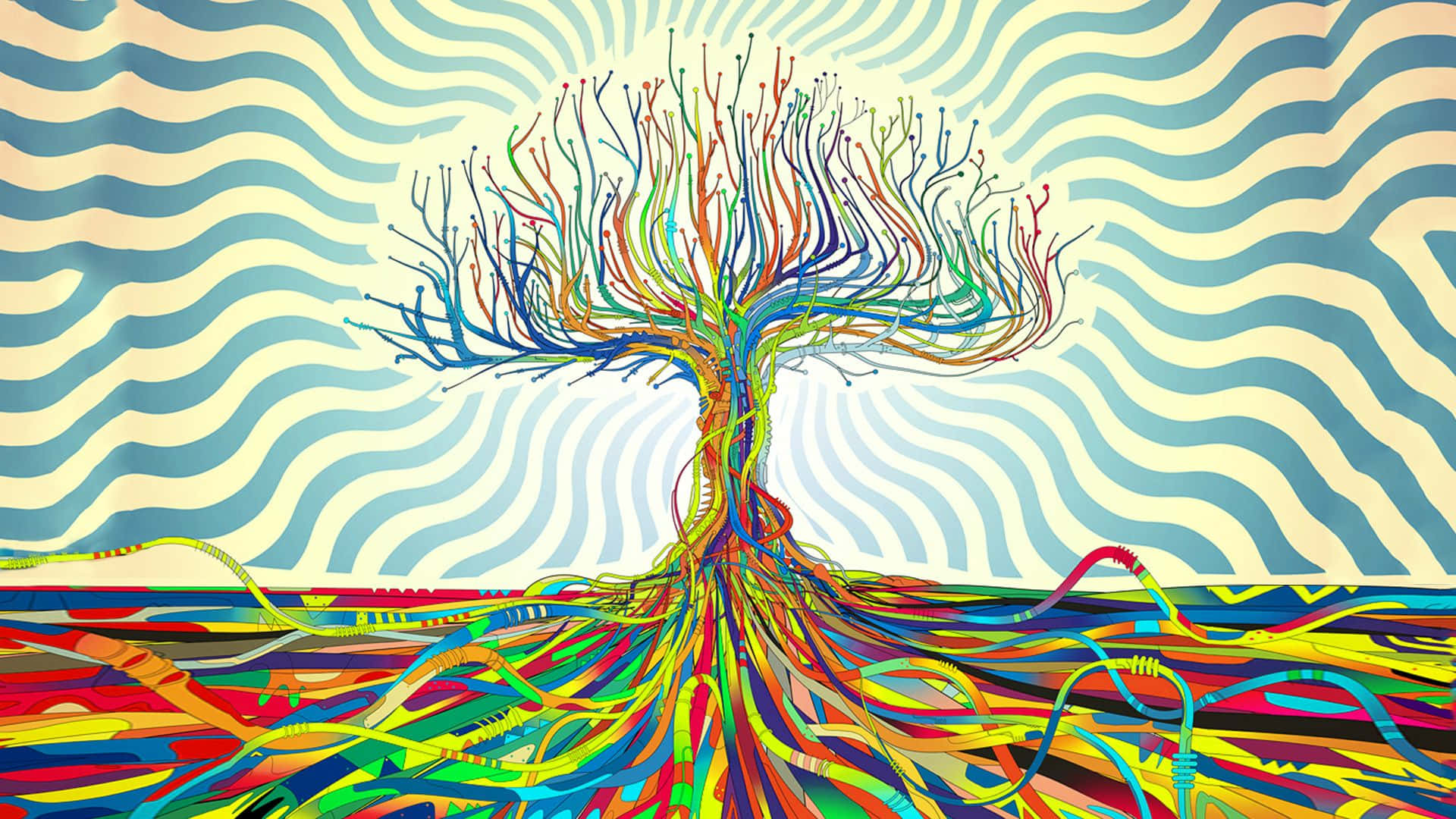 樹木 桌布 壁紙 — 一棵帶有彩虹色枝條和根系的迷幻樹木，矗立在波浪狀的藍色和奶油色背景前。