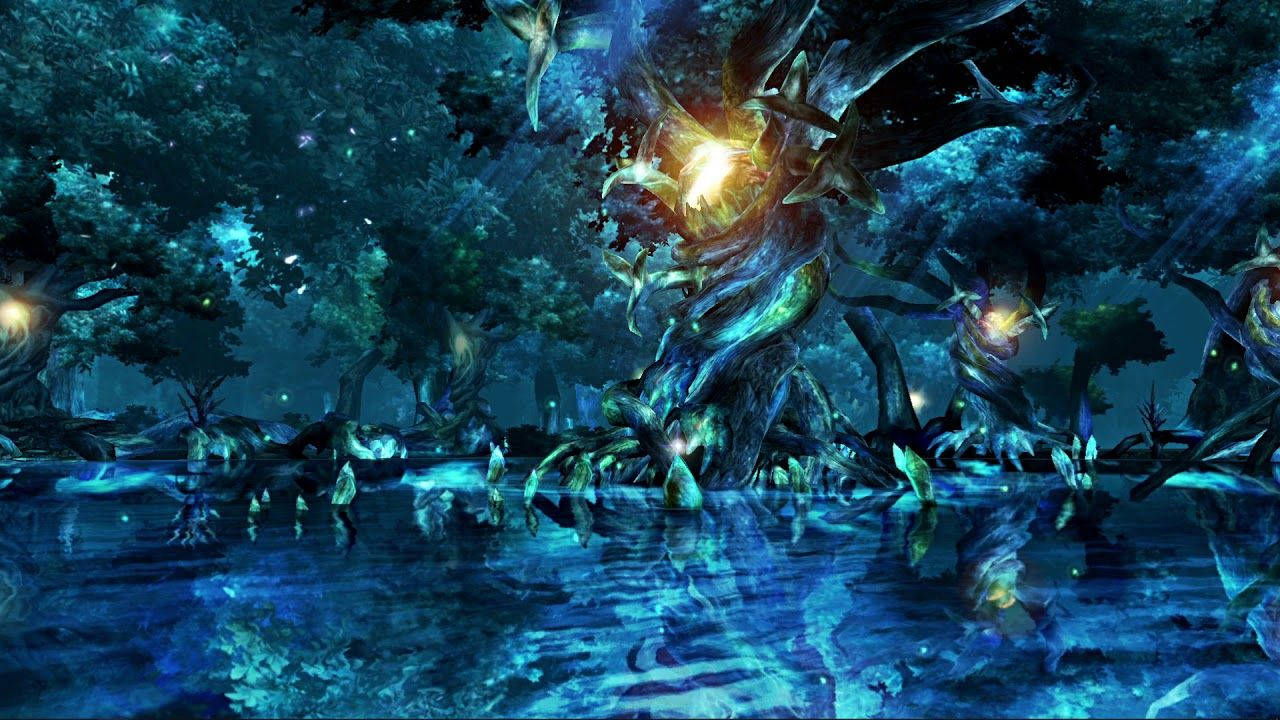 最終幻想 桌布 壁紙 — 一棵帶有火熱核心的神秘發光樹，矗立在月光下的森林中，倒映在閃爍的藍色水面上。