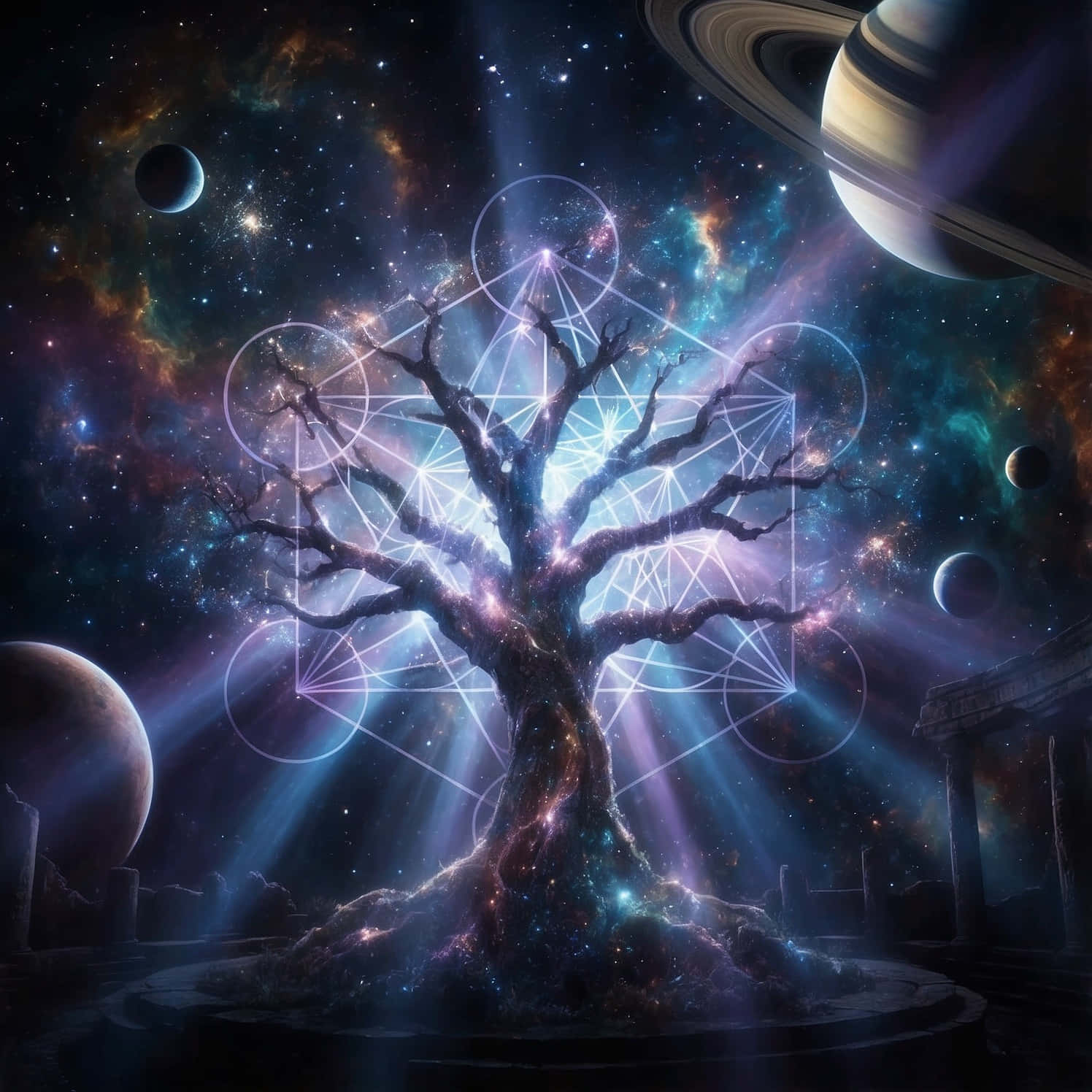 Female Love Spell Caster in New York – Restore Lost Love & Emotional Balance Fast 壁紙 — 一棵帶有發光幾何圖案的宇宙樹矗立在星空中，周圍環繞著行星和星雲。