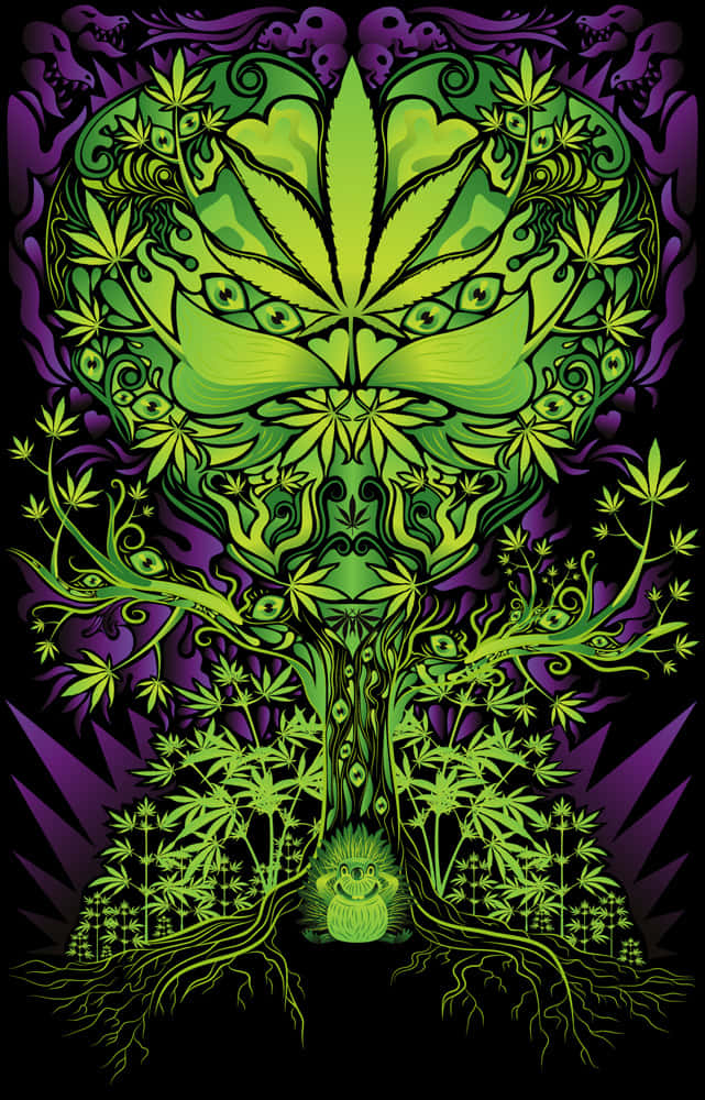 藝術 桌布 壁紙 — 一棵帶有發光葉子和眼睛的霓虹綠色大麻樹從紫色虛空中生長，根部形成一個類似頭骨的底座。