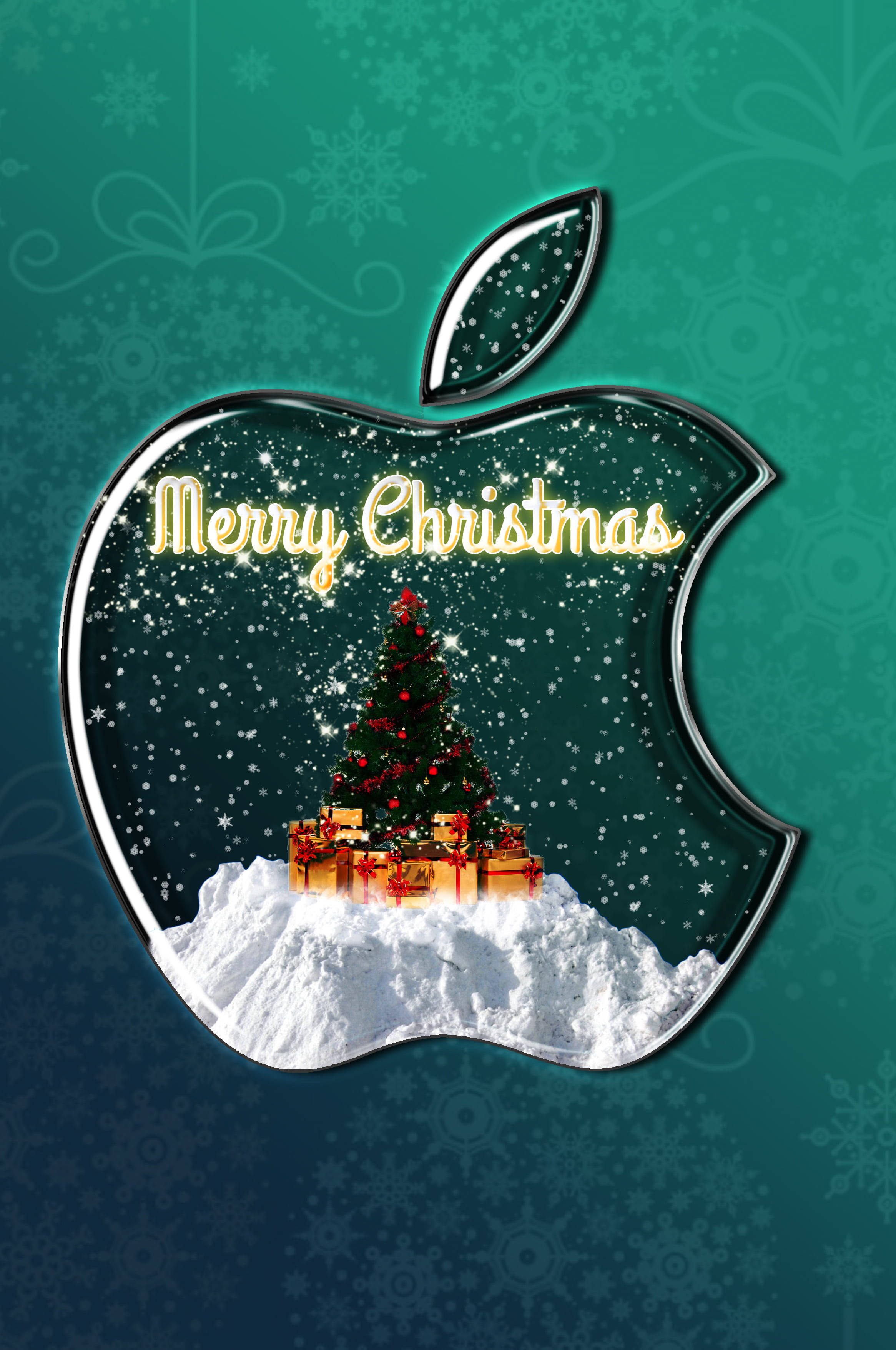 聖誕節 桌布 壁紙 — 一棵帶有禮物的節日聖誕樹位於發光的Apple標誌內，背景是青綠色的雪花圖案。