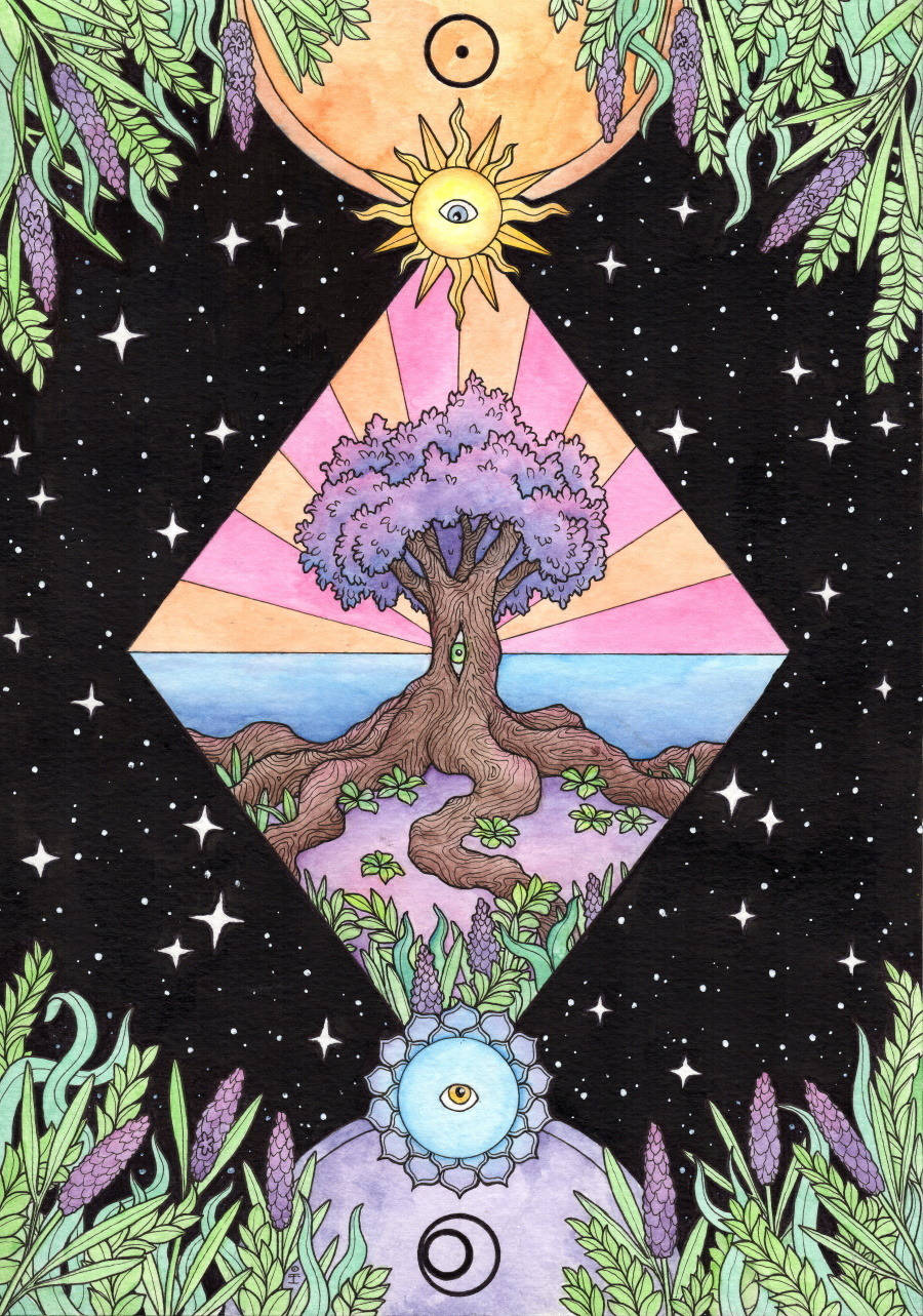 靈性動圖 桌布 壁紙 — 一棵帶有紫色葉子的神秘樹木在太陽、月亮和星星下的鑽石框架內生長，周圍環繞著薰衣草植物。