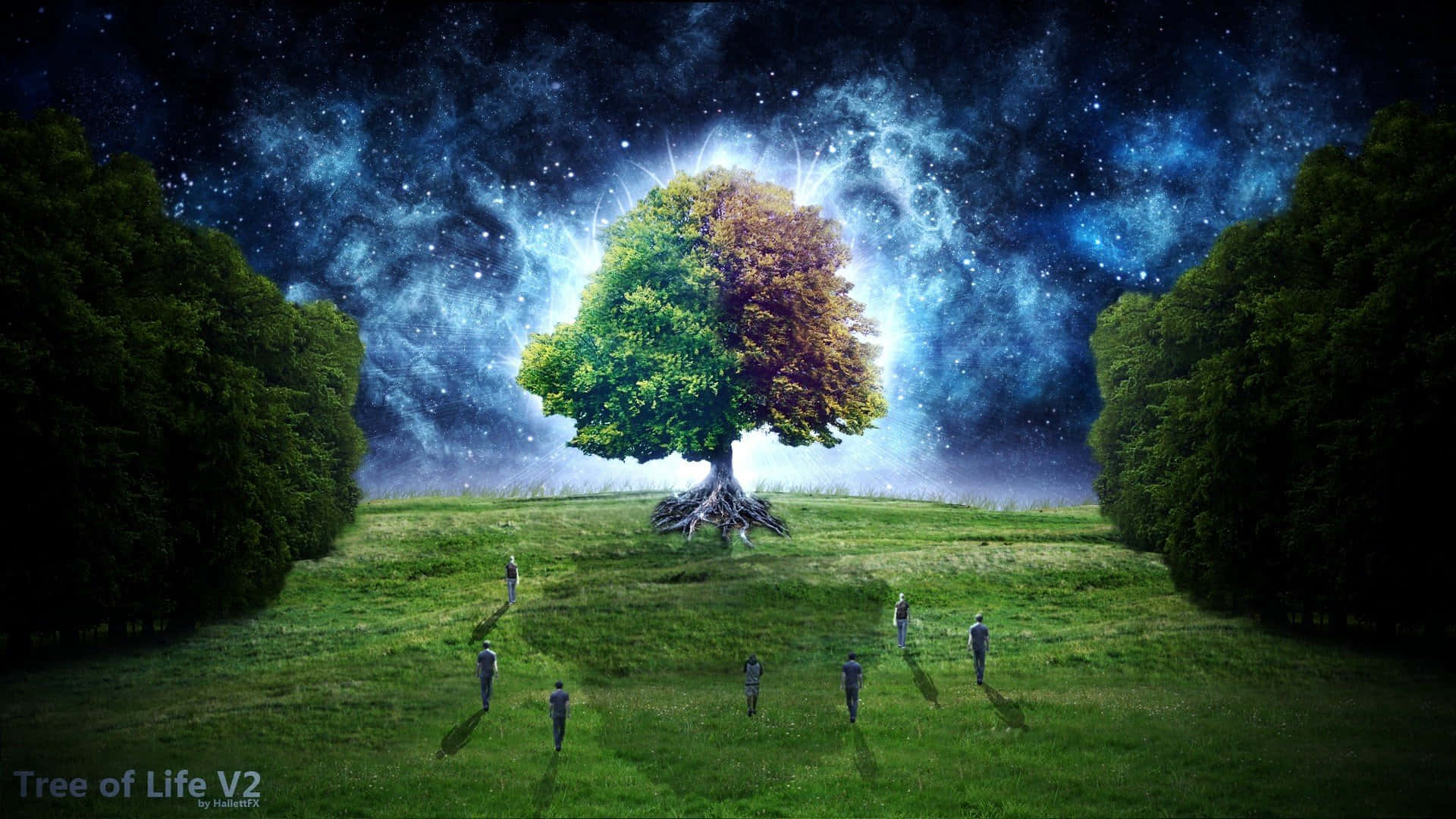 樹木 桌布 壁紙 — 一棵帶有綠色和秋葉的宇宙樹在星雲下發光，小人物們在長滿草的山丘上走向它。