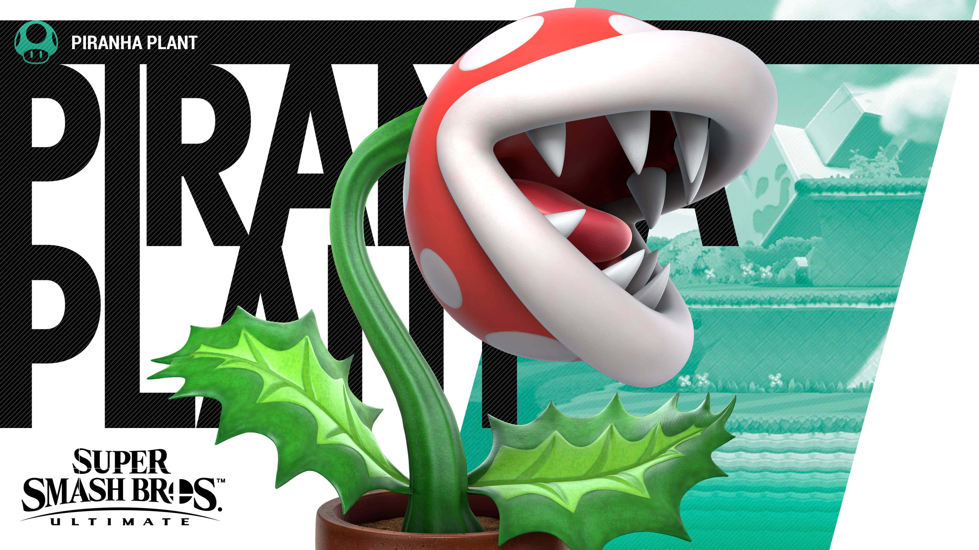 piranha plant 桌布 壁紙 — 一棵帶有鋒利牙齒和綠色葉子的兇猛紅白食人花從花盆中冒出，背景是風格化的遊戲場景。