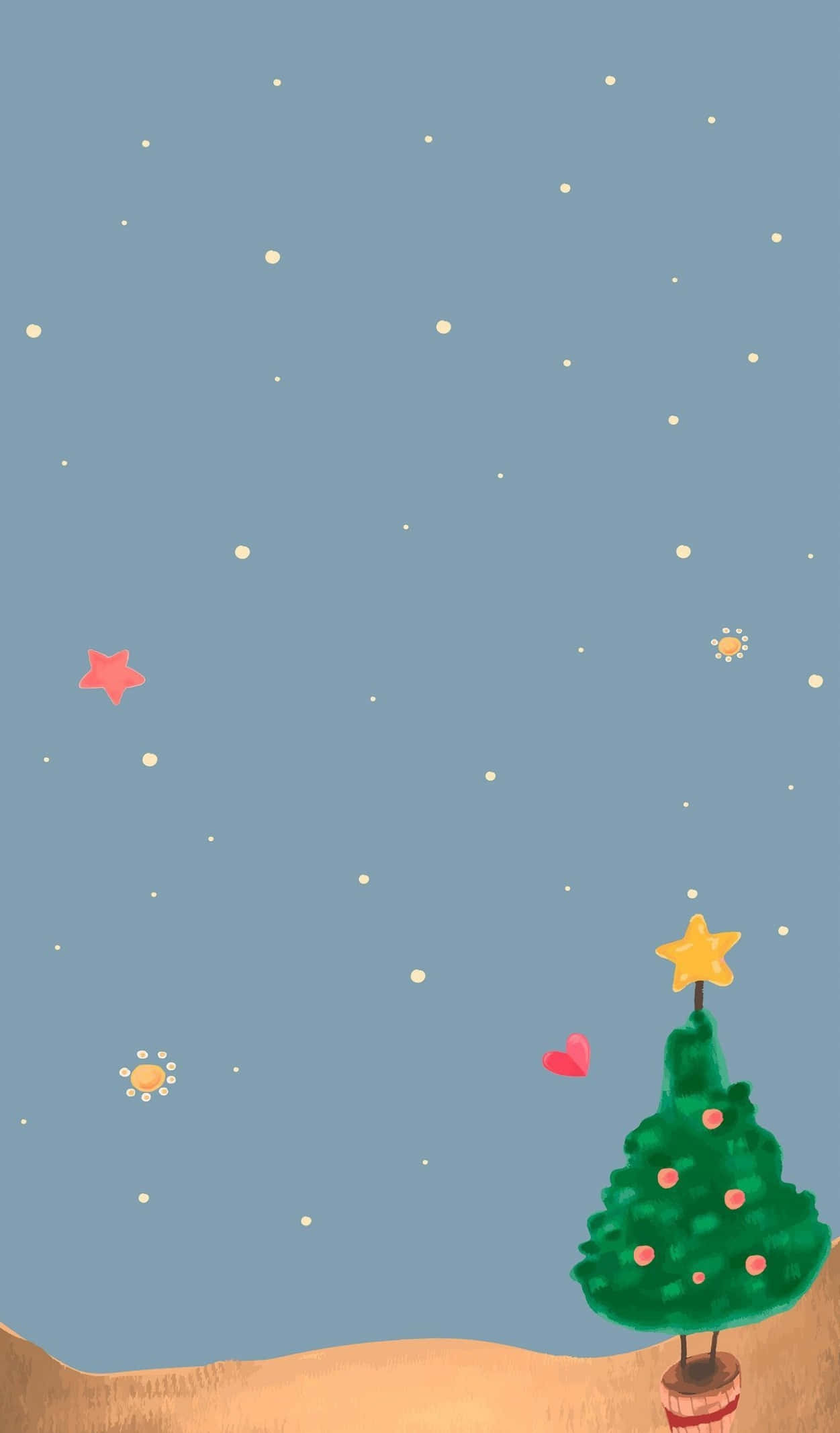 Cute Christmas Phone 桌布 壁紙 — 一棵帶有黃色星星和粉紅色裝飾的異想天開插圖聖誕樹，獨自矗立在繁星點點的藍天下，周圍漂浮著心形和太陽光芒。
