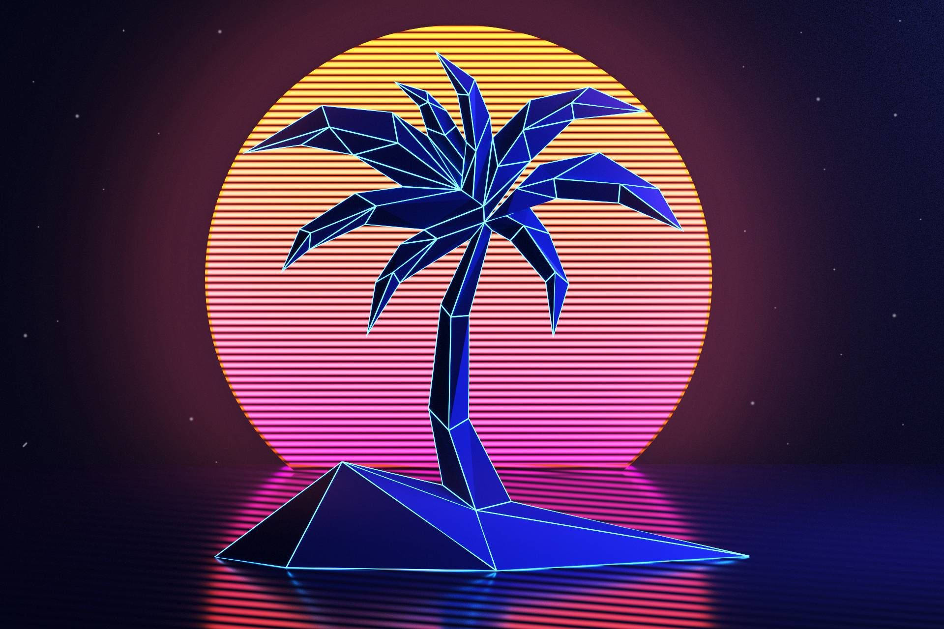 復古美學 桌布 壁紙 — 一棵幾何藍色棕櫚樹立在三角形底座上，背景是帶有水平條紋和星空的鮮豔日落。