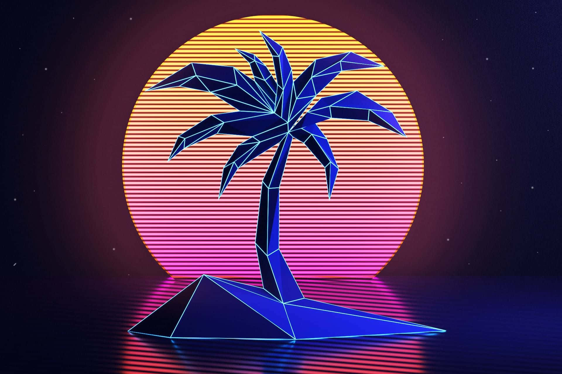 Retro 桌布 壁紙 — 一棵幾何藍色棕櫚樹立在反光表面上，背景是帶有水平條紋的鮮豔日落。
