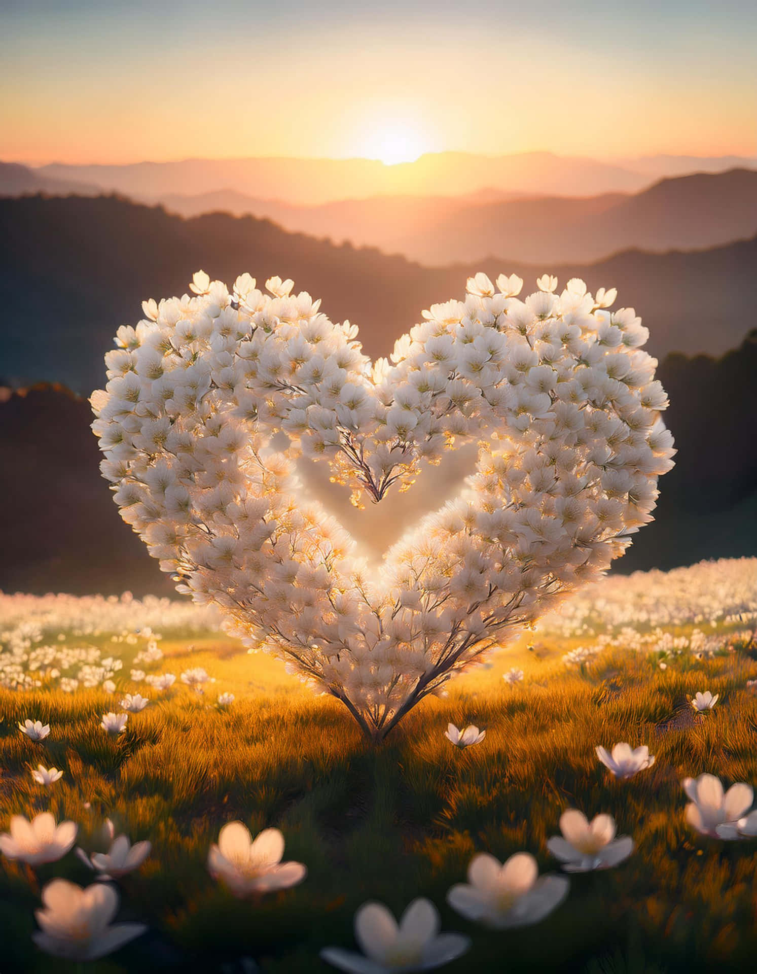 Heart-shaped flowers under the sun 壁紙 — 一棵心形樹盛開著白色花朵，矗立在夕陽下的金色田野中，背景是層層疊疊的山巒。