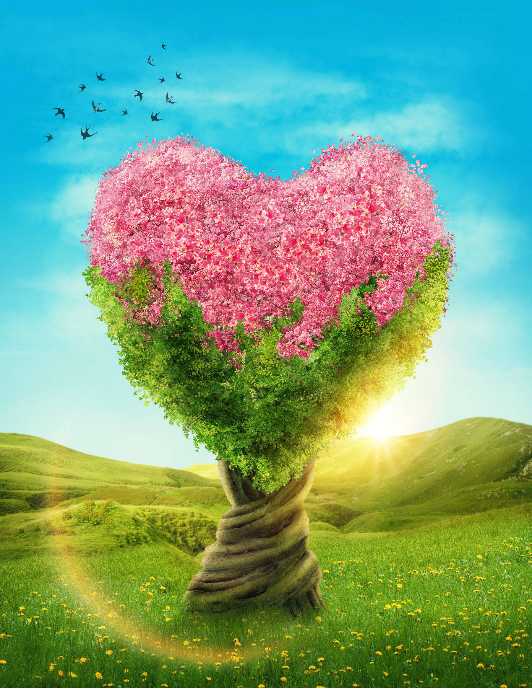 Love Nature 桌布 壁紙 — 一棵心形樹開滿粉紅色的花朵，佇立在陽光明媚的綠色田野中，藍天下有鳥兒飛翔。