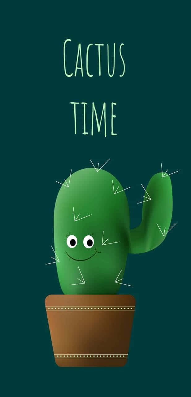 Cute Cactus 桌布 壁紙 — 一棵快樂的卡通仙人掌，帶有微笑的臉和尖刺的手臂，在深綠色背景上的一個棕色花盆中愉快地揮手，並帶有 'CACTUS TIME' 文字。