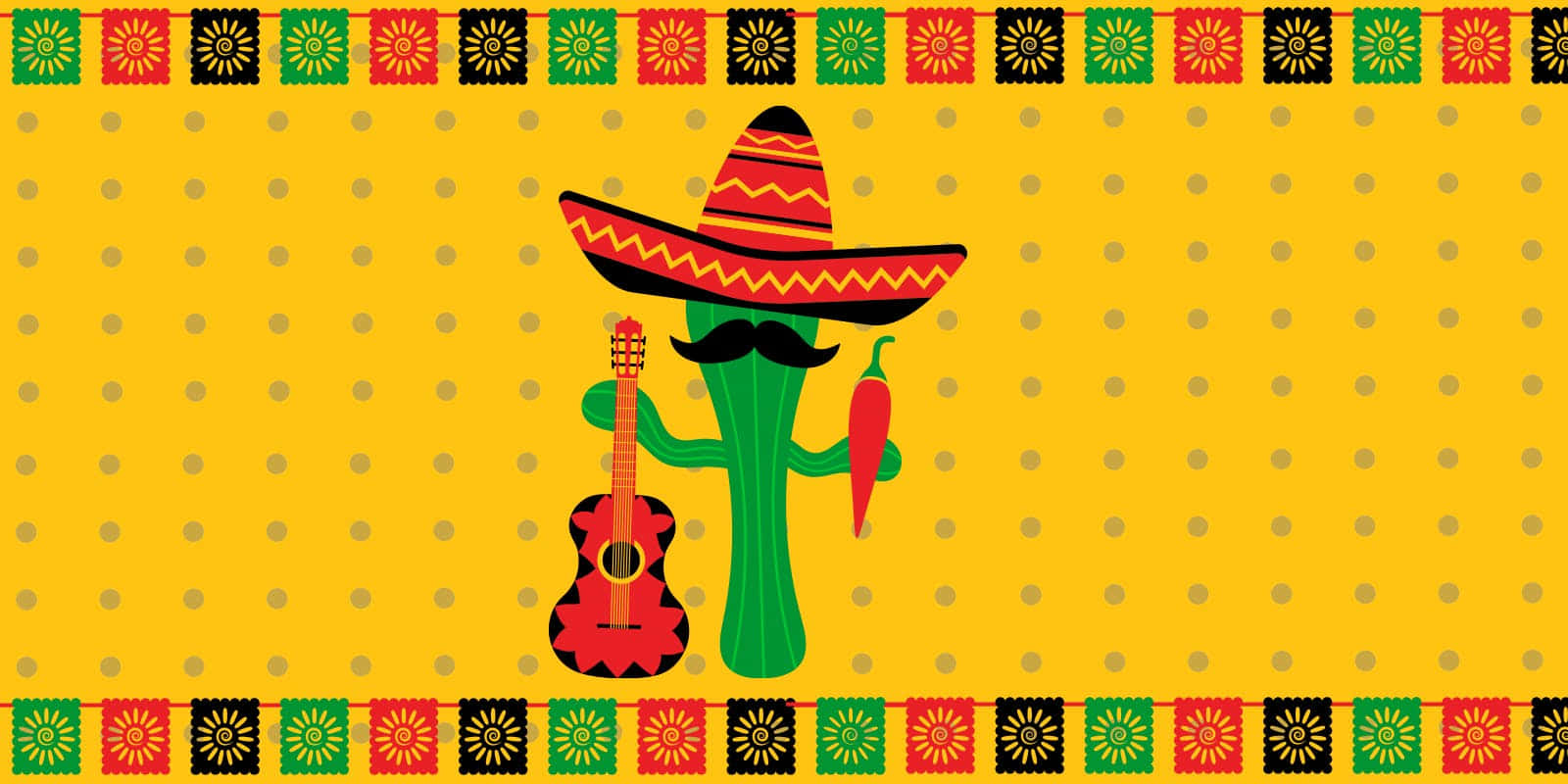 Sombrero 桌布 壁紙 — 一棵快樂的綠色仙人掌，戴著色彩繽紛的闊邊帽和鬍子，拿著吉他和辣椒，背景是明亮的黃色波點圖案，並有節日用的紙雕旗幟。