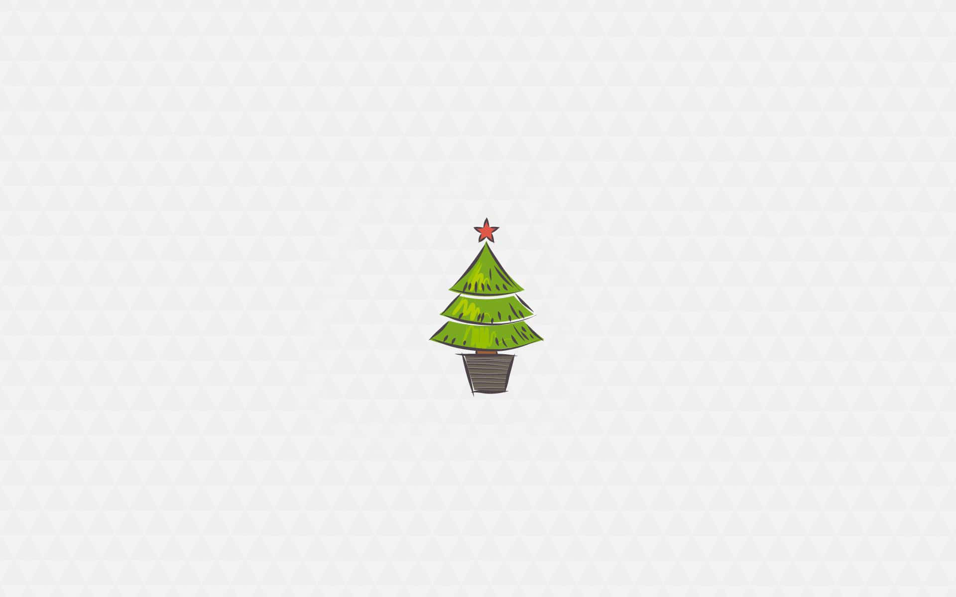 Minimalist Christmas Desktop 桌布 壁紙 — 一棵手繪的綠色聖誕樹，頂部有一顆紅色星星，位於淺灰色三角形圖案背景的中央。